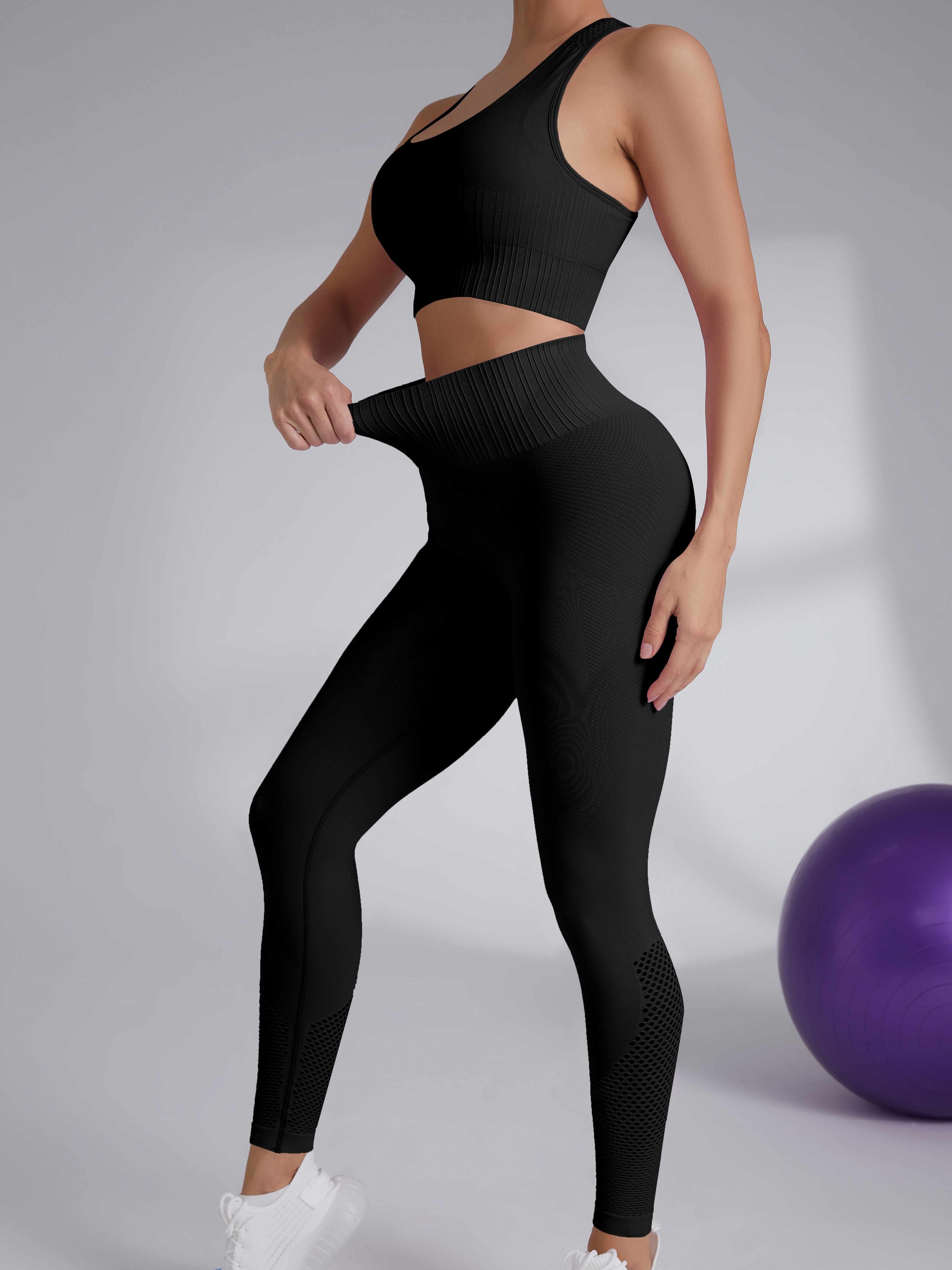 2pcs Seamless Workout Set Solid Color High Waist Gym Leggings