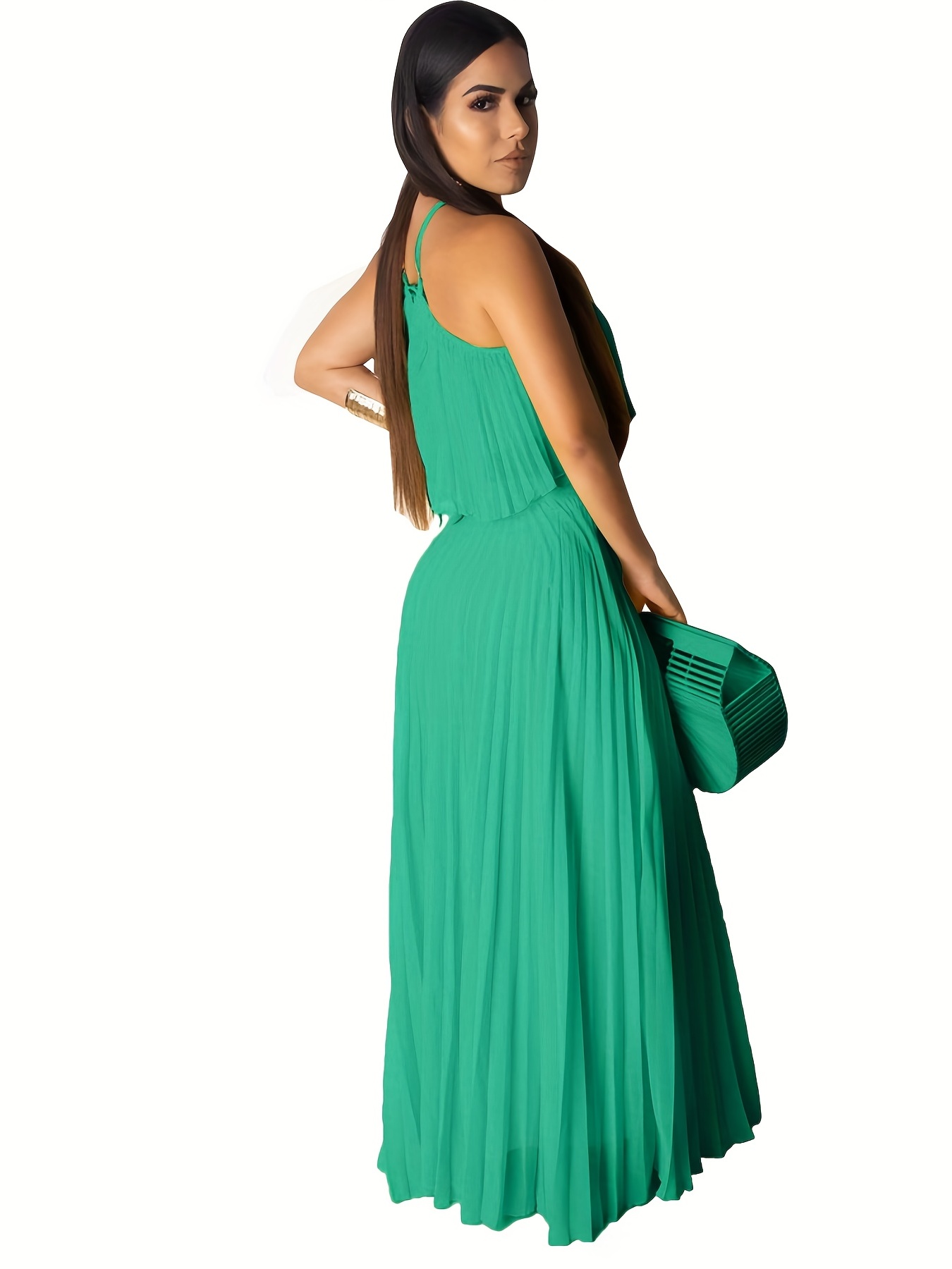 Pleated Two-Piece Set Spaghetti Top & Maxi Skirt Women's Outfit