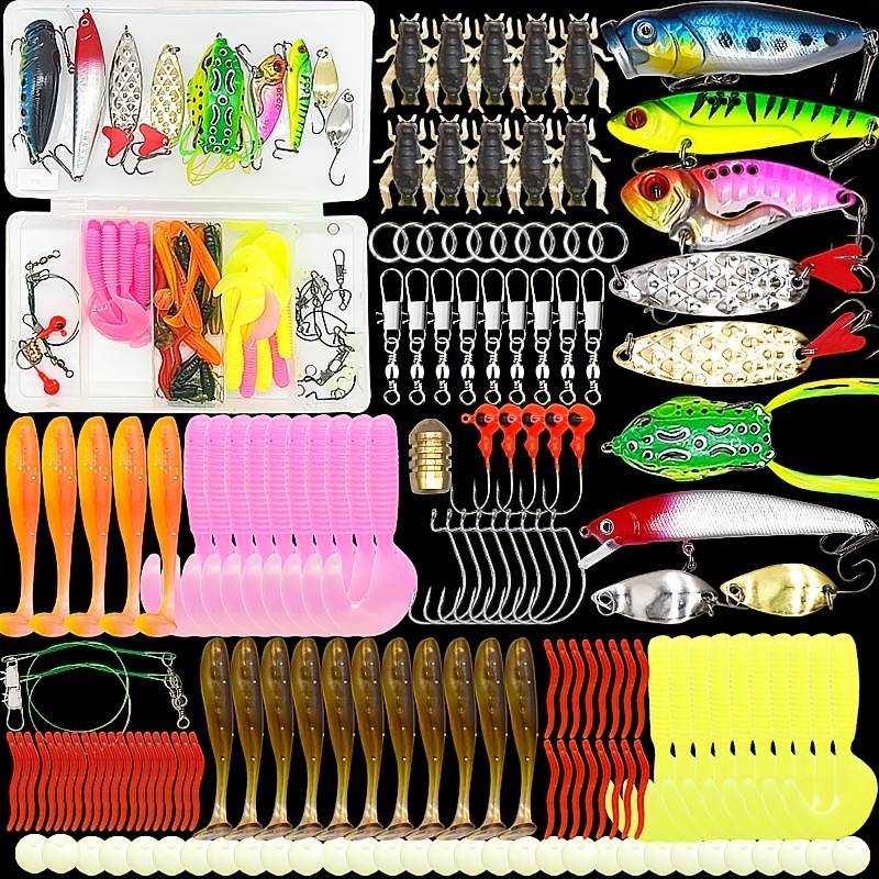 

45/145pcs Fishing Lure Set, Topwater Fishing Hooks Baits Tackle For Bass Trout Salmon, Including Minnow Popper Spoon Lures, Soft Plastic Worms Bait, Jigs