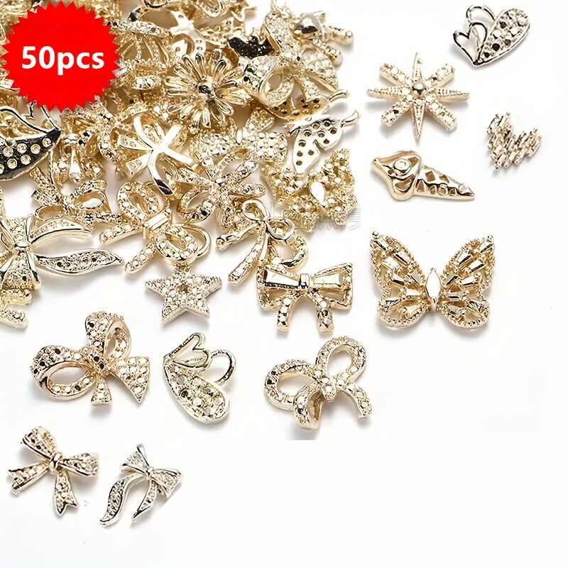 

50pcs Mixed Shape Nail Charms, /silvery/white Bowknot Butterfly Nail Art Accessories, Alloy Nail Art Supplies For Women And Girls