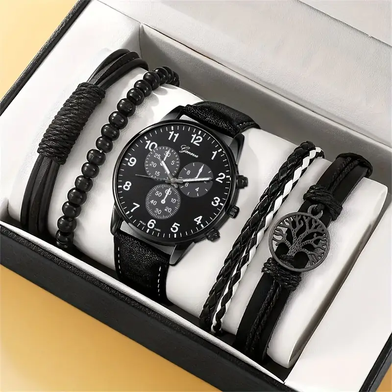 5pcs/set, Fashion Men's Casual Black Quartz Watch & Life Tree Hand Rope bracelets,men Gifts,Temu