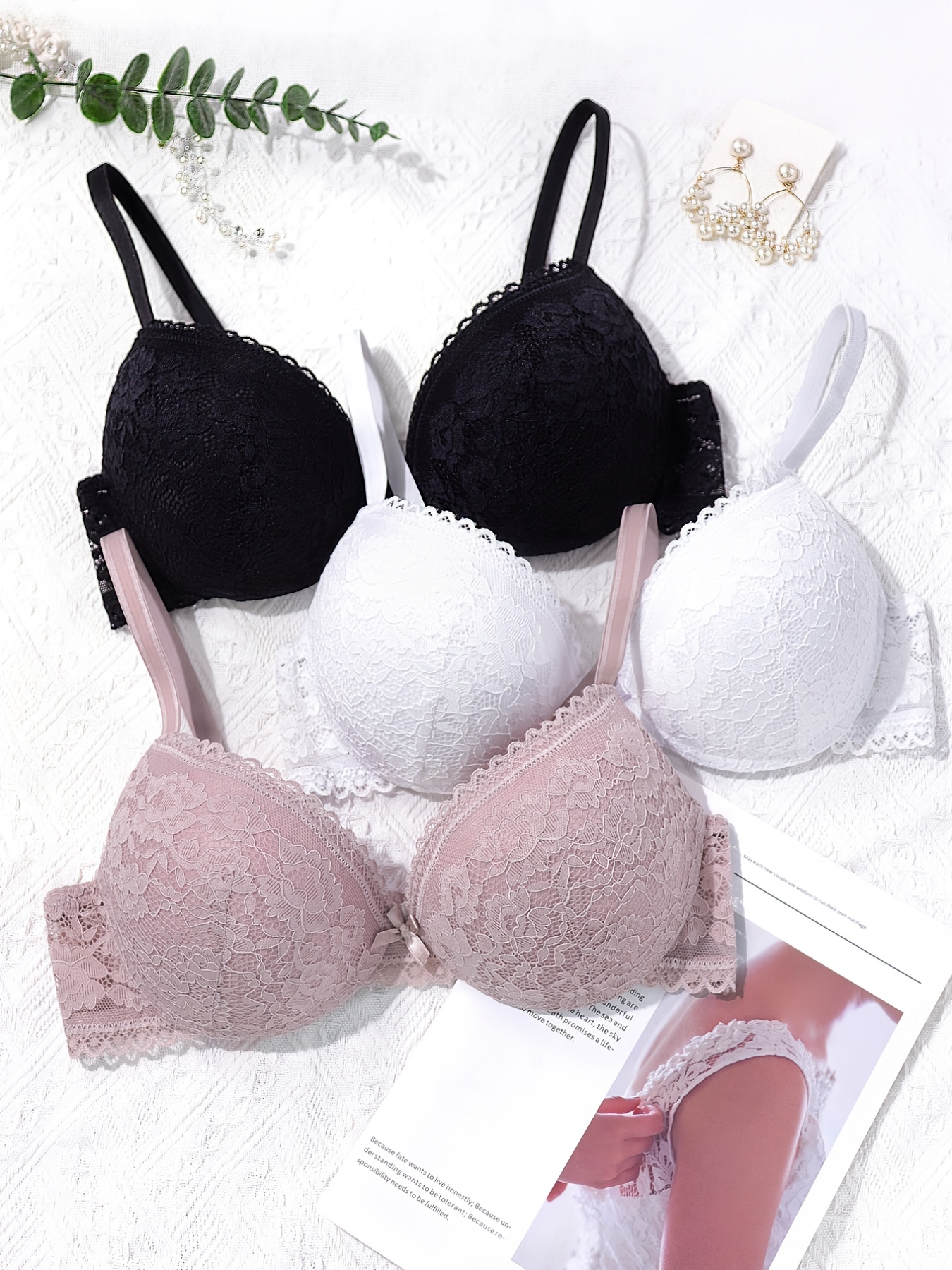 3pcs Floral Lace Stitching Contour Bras, Breathable Micro Elastic Push Up  Everyday Full Coverage Bras, Women's Lingerie & Underwear
