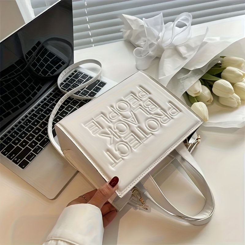 Letter Embossed Tote Bag For Women Small Solid Color Crossbody Bag