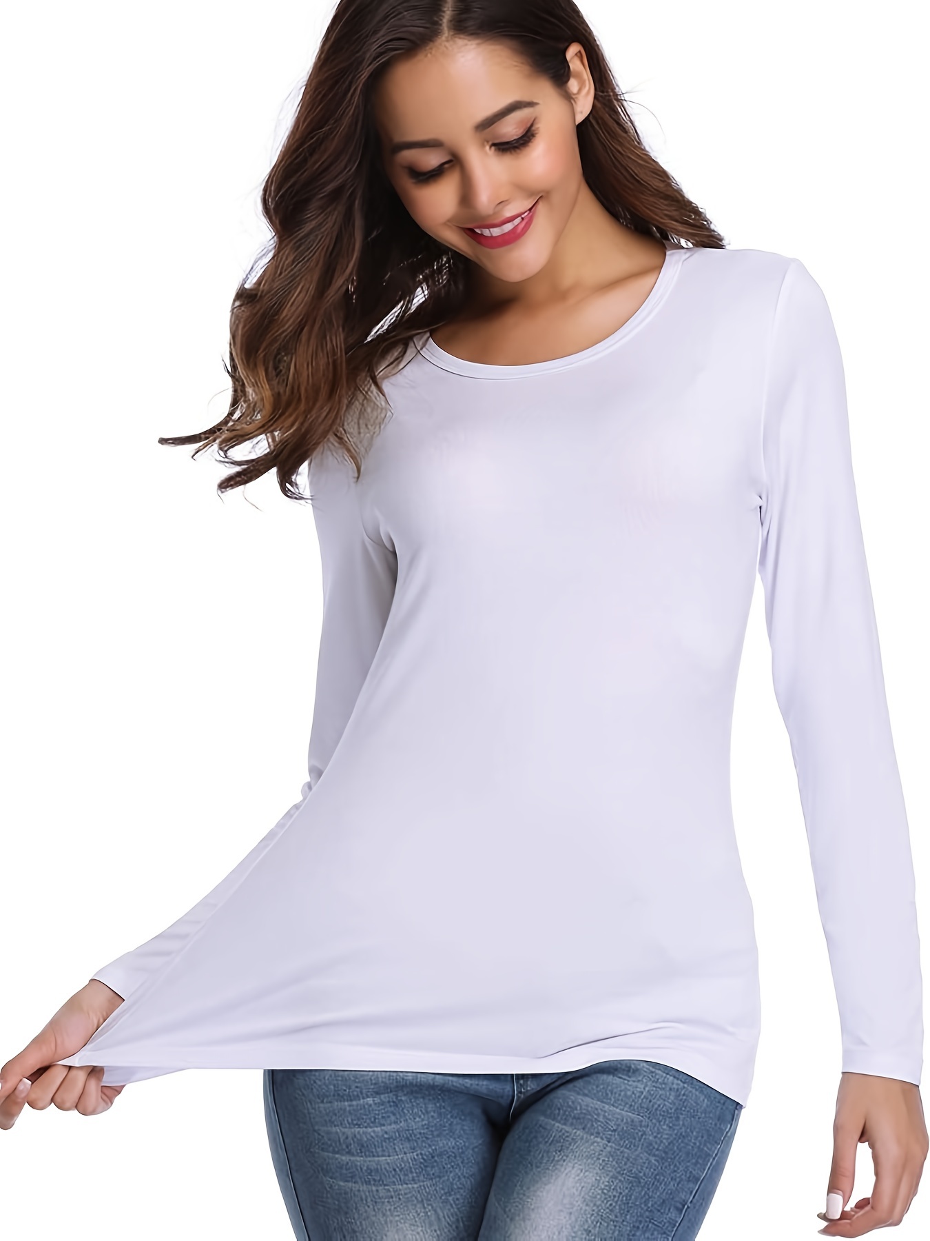 Solid Crew Neck T-shirt, Casual Long Sleeve Lim Top For Spring & Fall, Women's Clothing