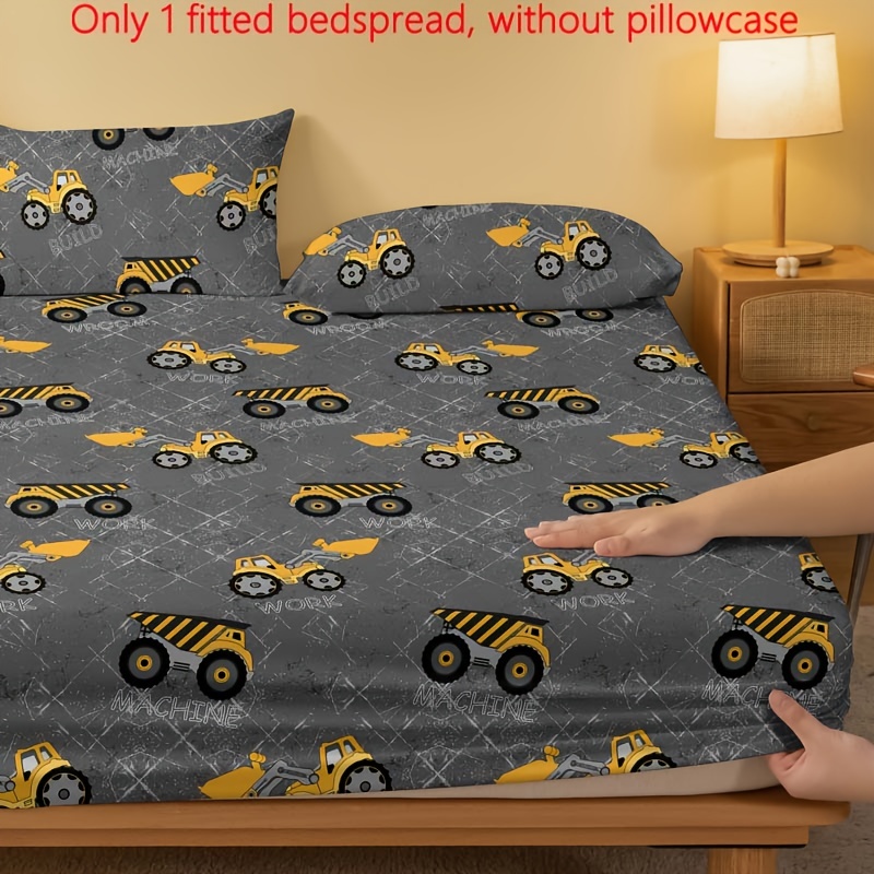 

1pc Brushed Fitted Sheet (without Pillowcase), Cartoon Yellow Engineering Vehicle Print Soft Comfortable Bedding Mattress Protector, For Bedroom, , With Deep Pocket, Fitted Bed Sheet Only