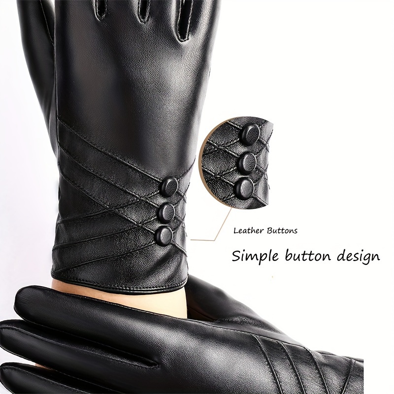 Stylish Black PU Leather Gloves Short Tighten Cuff Velvet Lined Warm Gloves  Winter Coldproof Waterproof Touchscreen Gloves