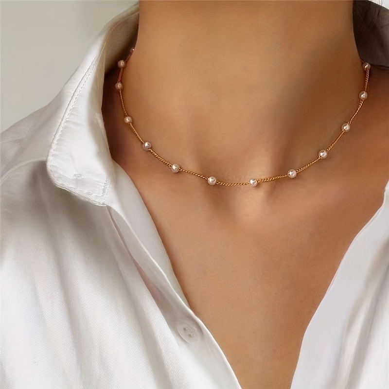 Round Imitation Pearl Choker Necklace Vintage Pearl Strands Necklace  Adjustable Big Pearl Necklace Accessory For Women Girls