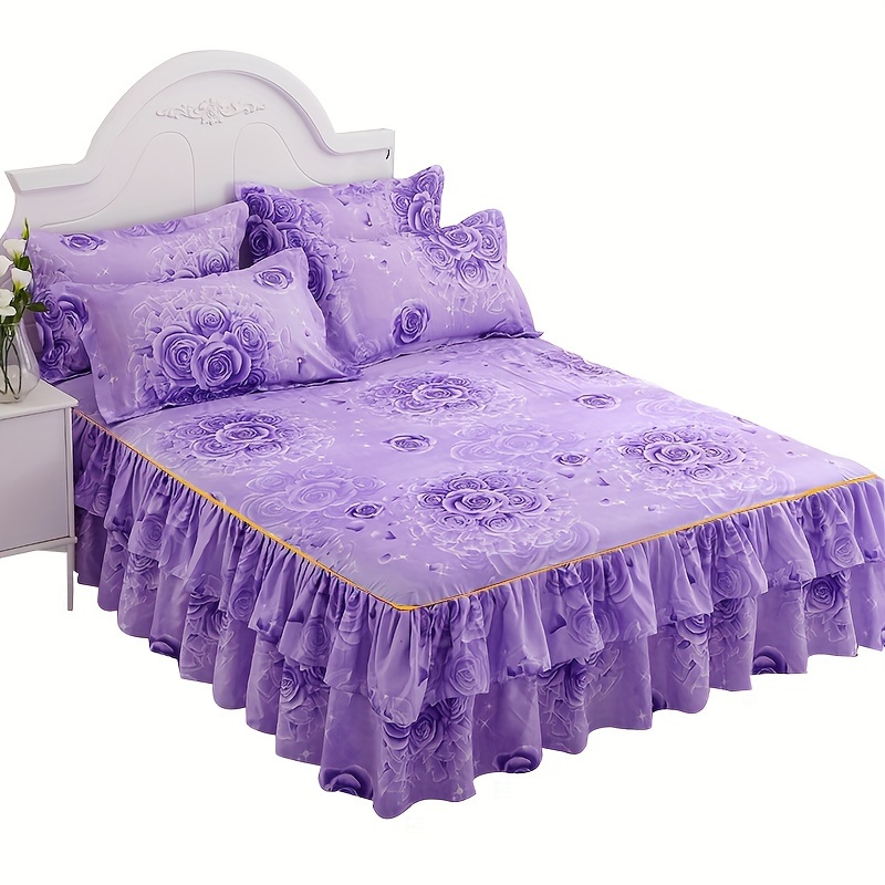 

3pcs Tropical Floral Bed Skirt Set - Includes 1 Non-slip Lace Bed Skirt & 2 Decorative Pillowcases, Polyester Bedding With , Machine Washable - Elegant Purple For Bedroom & , Bedding Set, Without