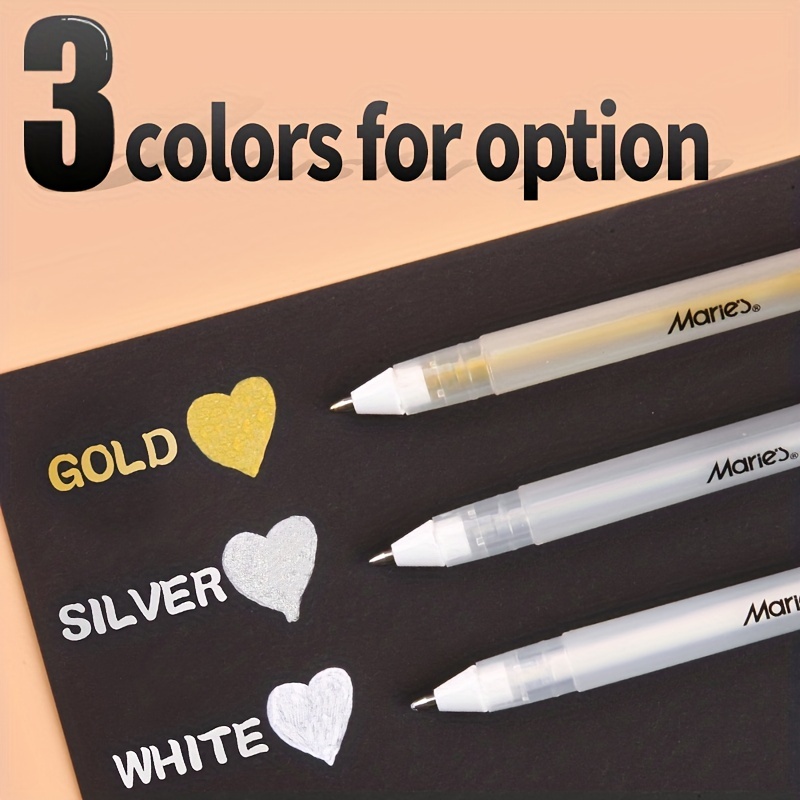 Lot de 3 stylos à encre gel de qualité supérieure - Blanc, doré et argenté  - Encre d'archivage - Pointe fine - Pour illustration, dessin, papier noir