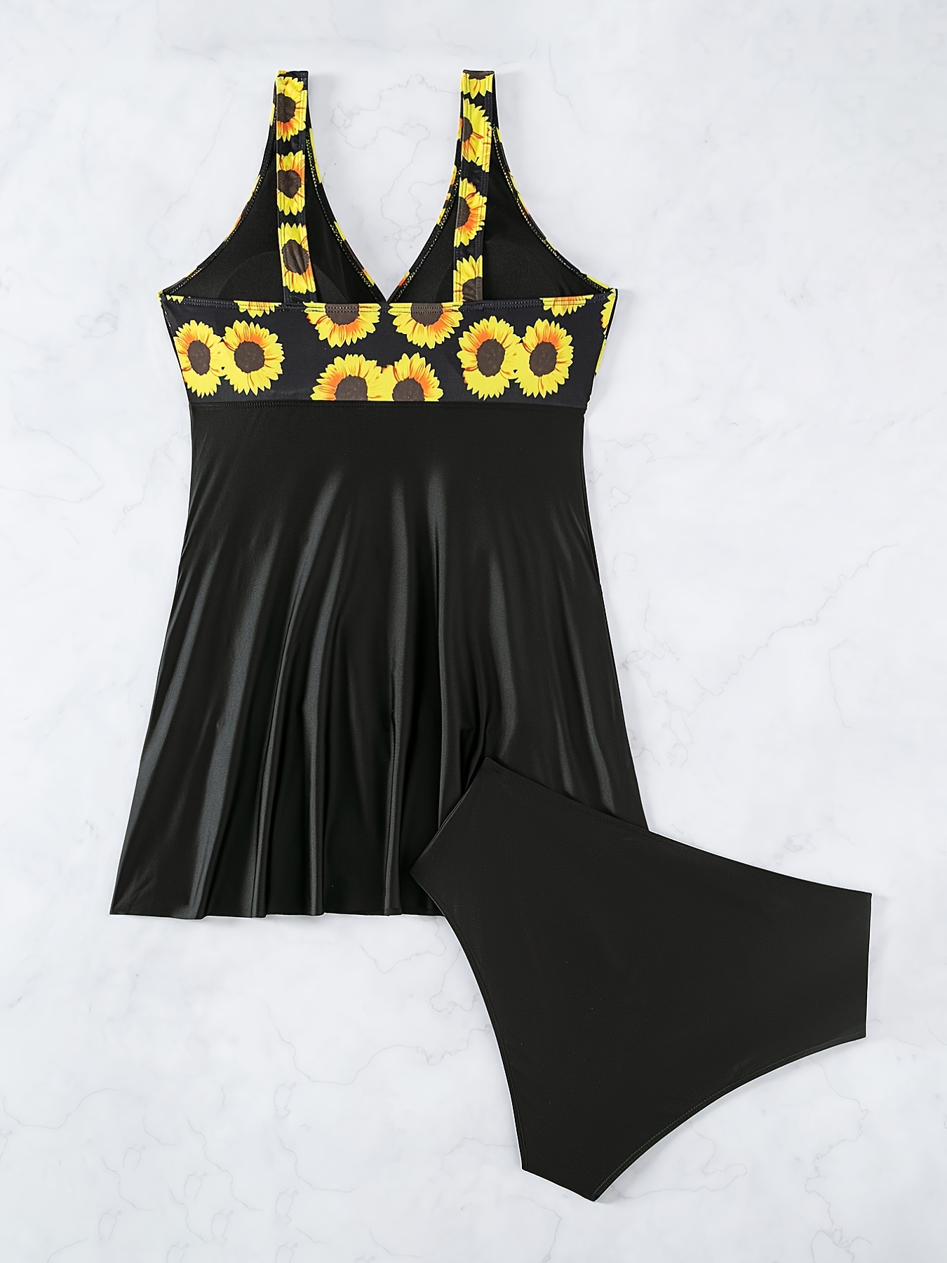 Plus Size Modest Swimsuit Set, Women's Plus Sunflower Print Layered Top &  Panty Swimsuit Two Piece Set