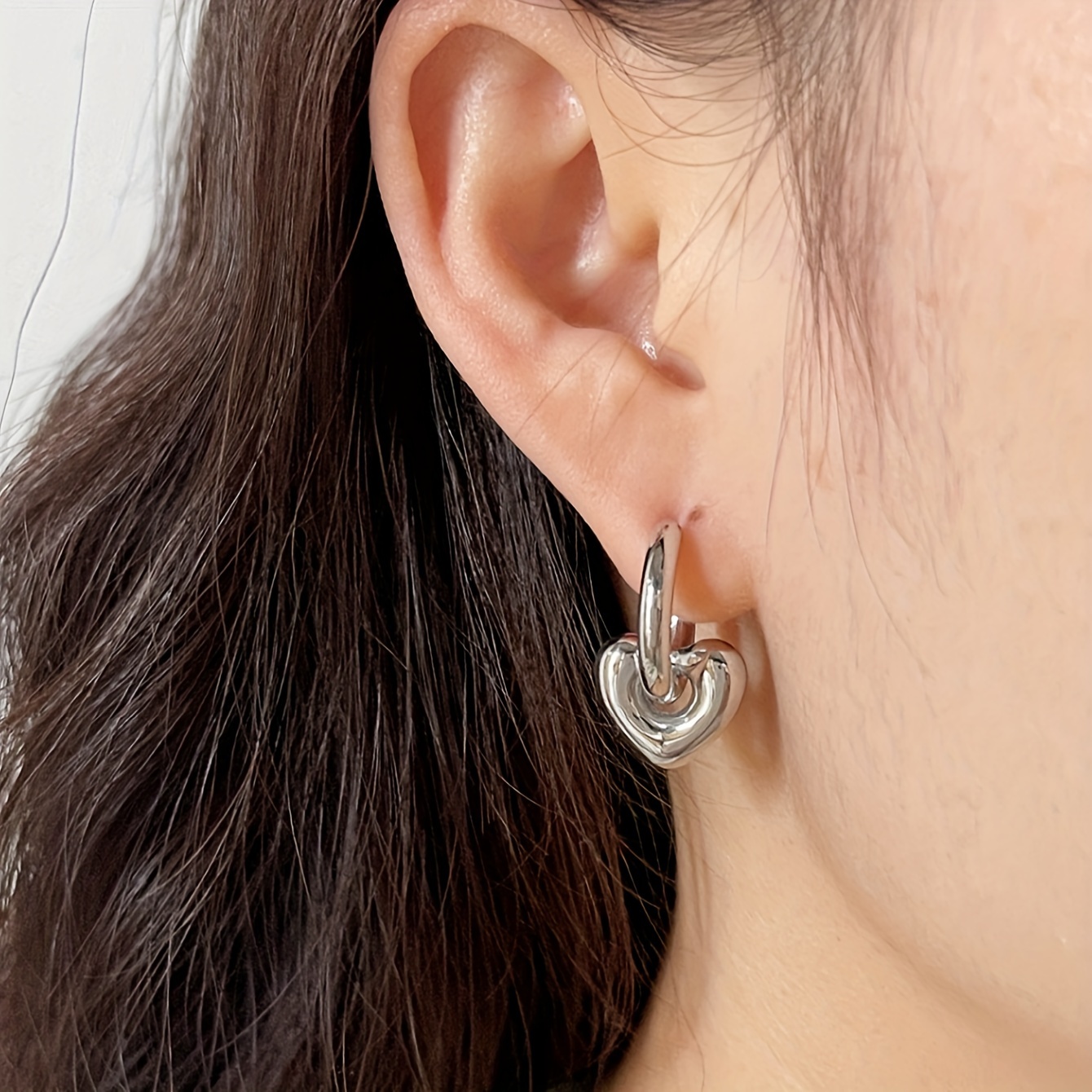 Image of 2pcs French Fashion Stainless Steel Ear Circle Heart Pendant Earrings Women's Jewelry Thanksgiving Gift