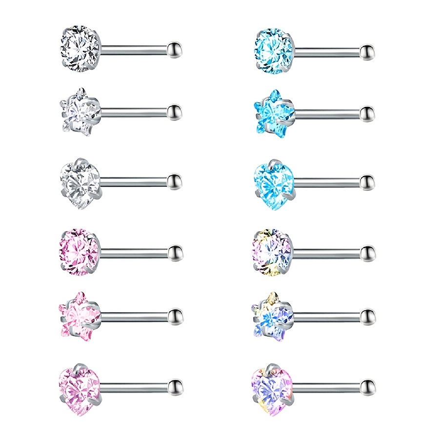 

12pcs Inlaid Shiny Colorful Zircon Nose Stud Nail Ring Set Simple Style Stainless Steel Body Piercing Jewelry Set