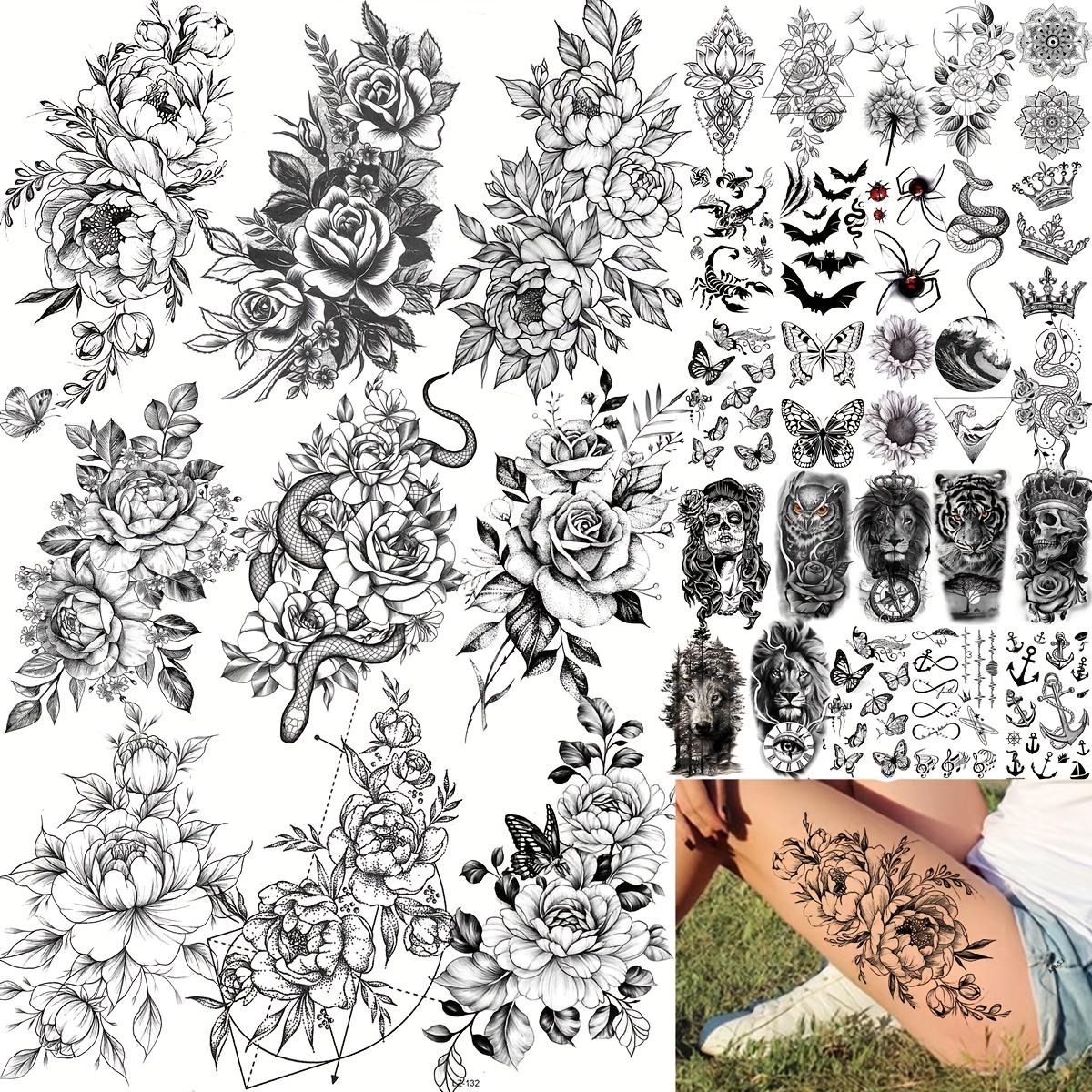 Large Realistic Flower Temporary Tattoos for Women Adults Girls Black Rose  Floral Tattoo Sexy Body Tattoo Stickers Realistic Waterproof Fake Tattoo  Arm Chest Leg Back Temp Tattoo Paper (8 Sheets)