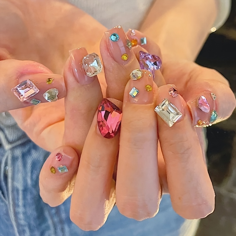 Y2k French Press On Nails With Rhinestone Gems And - Temu