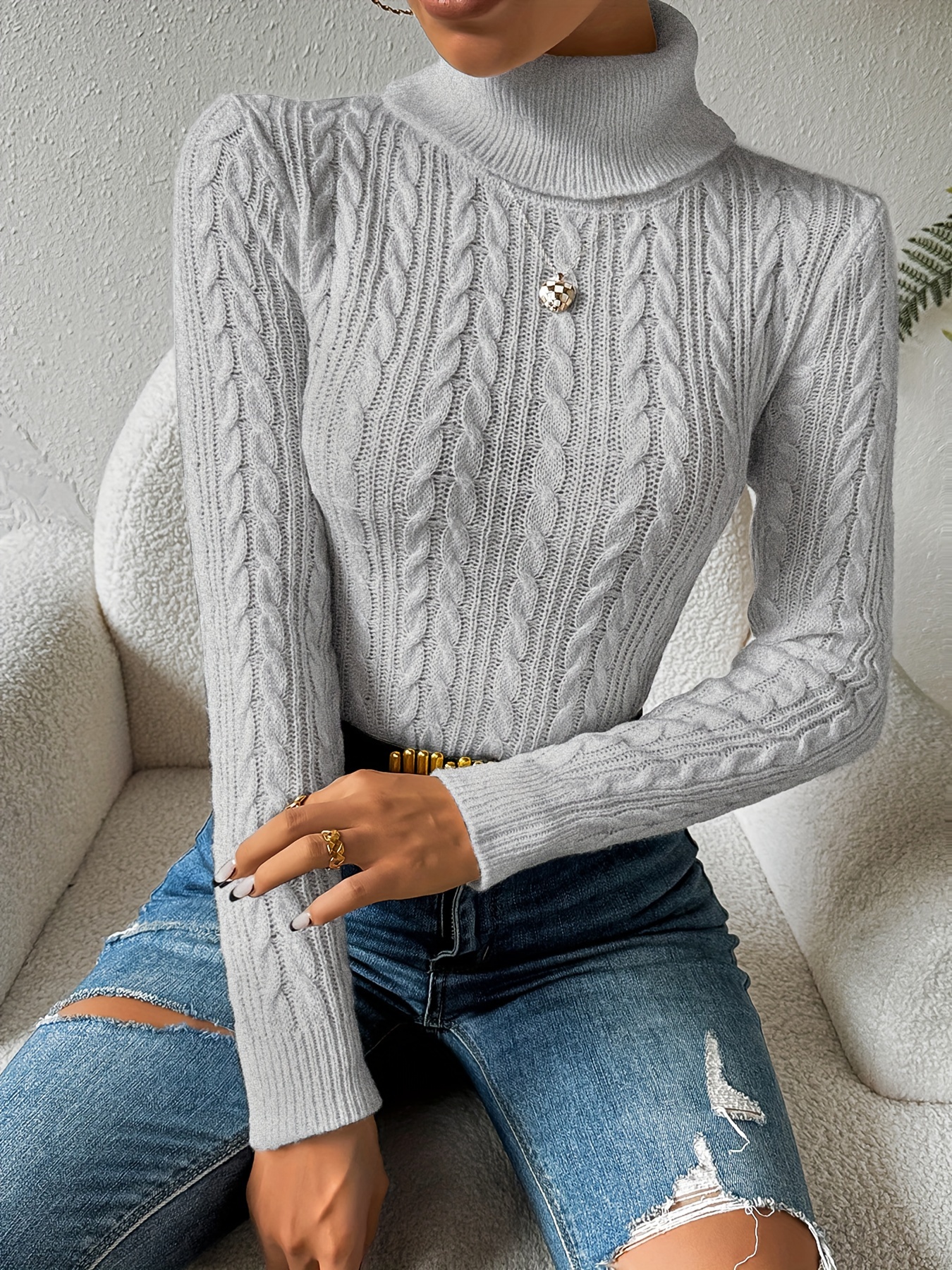 Solid Turtle Neck Cable Knit Sweater Casual Long Sleeve Slim - Temu