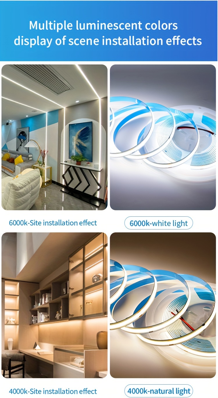 Tira de luz LED COB verde de 12 V de 0.315 in de ancho, 480 LEDs/m 16.4  pies/5 M CRI 90, cinta LED flexible de alto brillo para decoración de techo  de