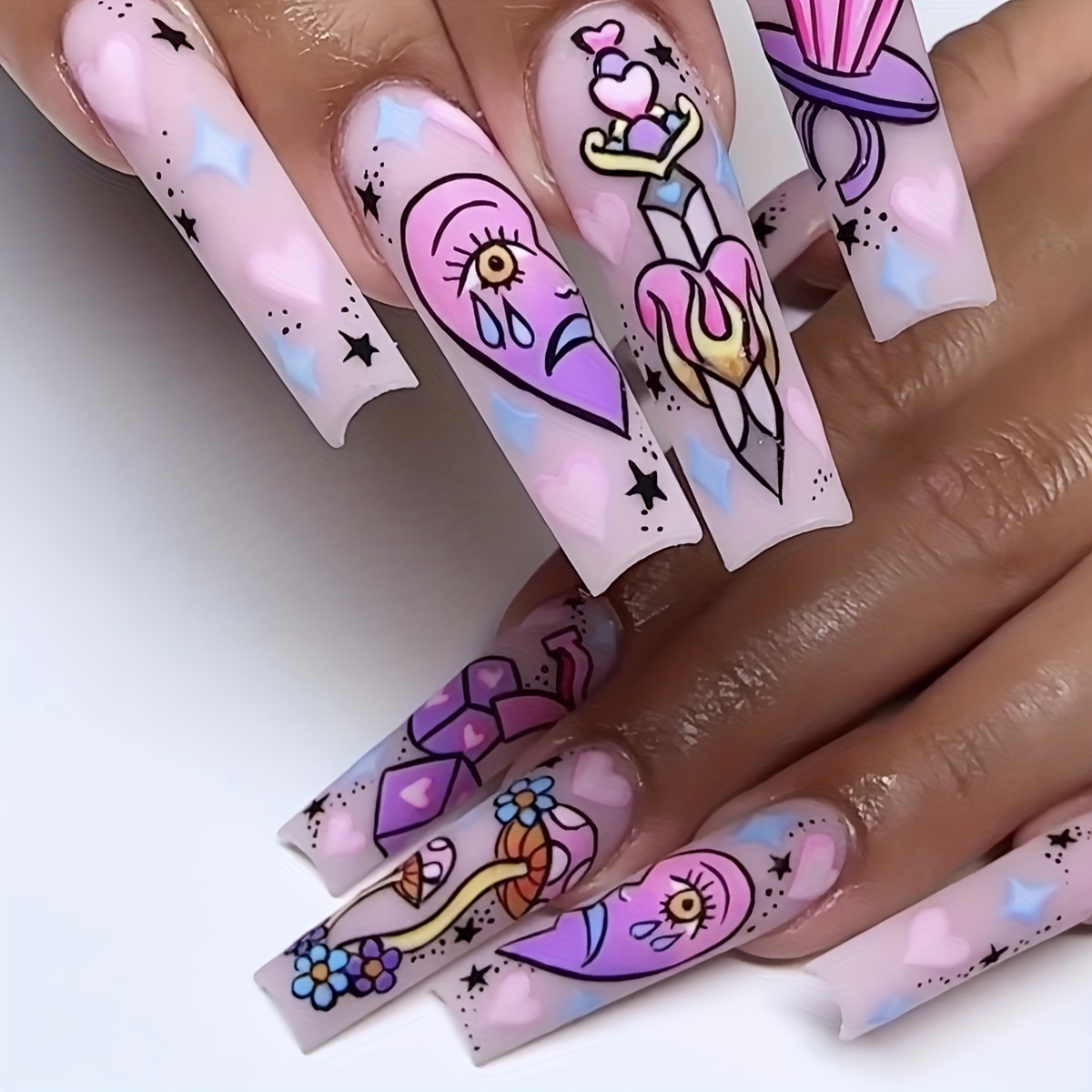 Ballet Press On Nail Long Coffin 3d Cartoon Nail Charms - Temu