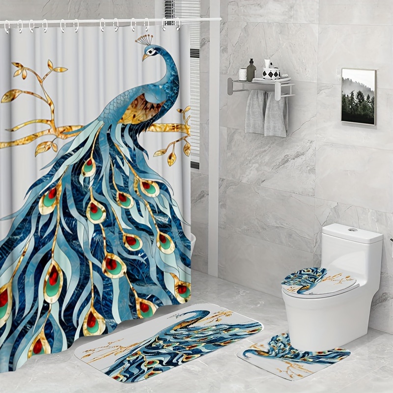 Beautiful Peacock Shower Curtain Set Bathroom Decor Set - Temu