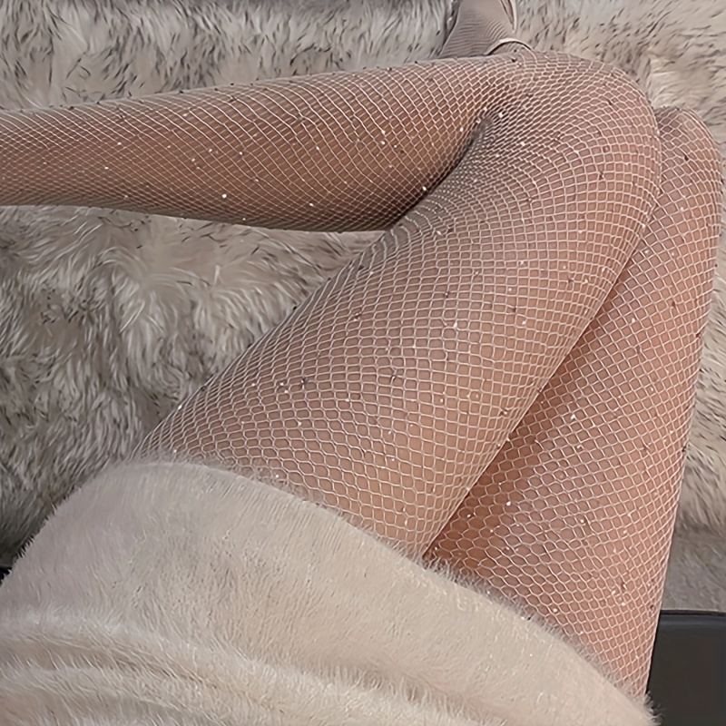 Sexy Shiny Rhinestone Decor Fishnet Tights, High Waist Hollow Out Footed  Pantyhose for Music Festival, Women's Stockings & Hosiery