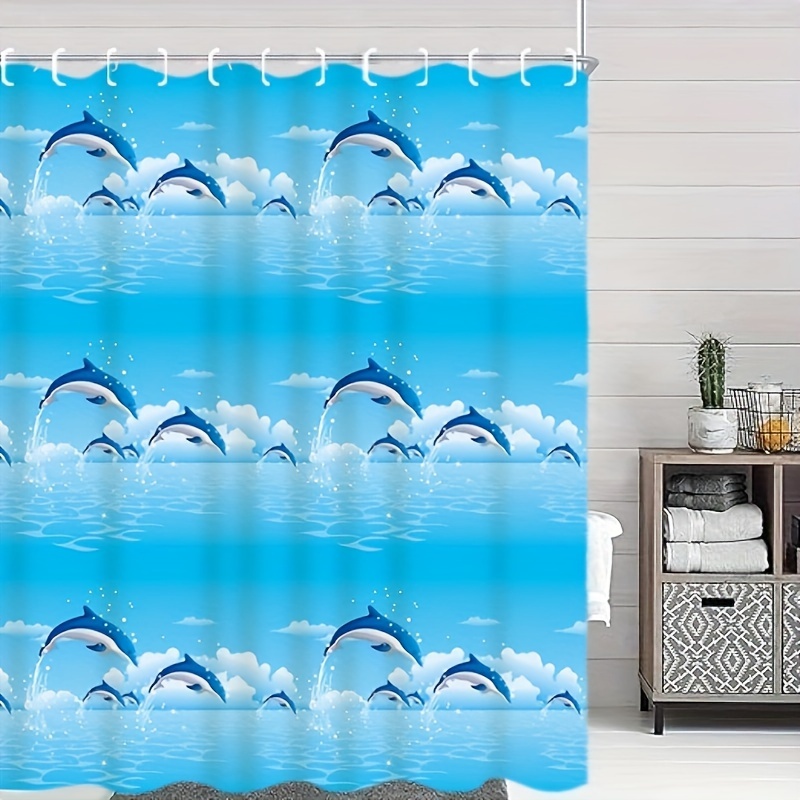 

1pc Blue Dolphin Pattern Shower Curtain, Peva Waterproof Shower Curtain With 12 Plastic Hooks, Bathroom Partition Curtain, Bathroom Decoration Accessories