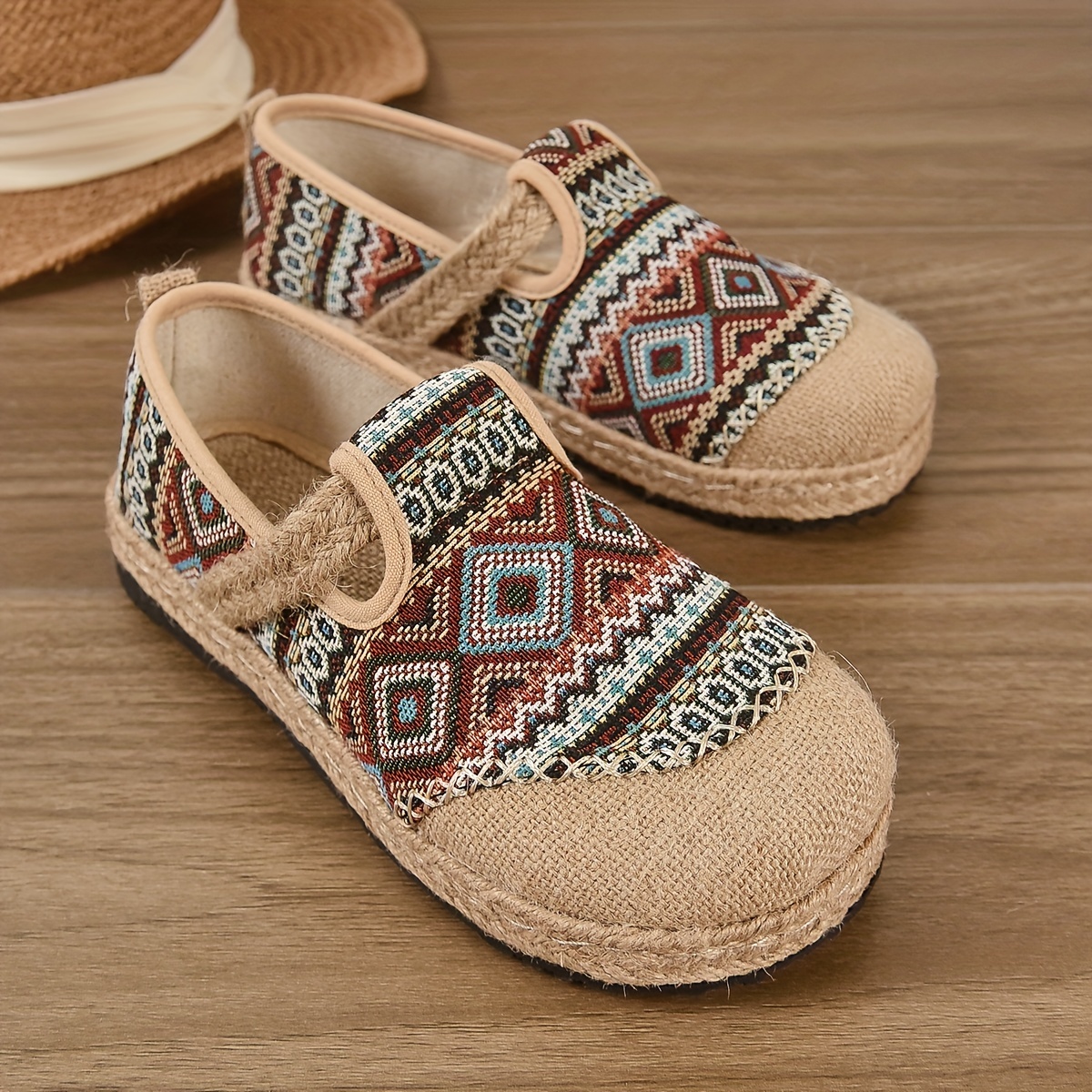 Women's Colorful Geometric Print Flats, Slip On Woven Straw Casual Espadrille  Shoes, Vacation Boho Breathable Shoes - Temu United Kingdom