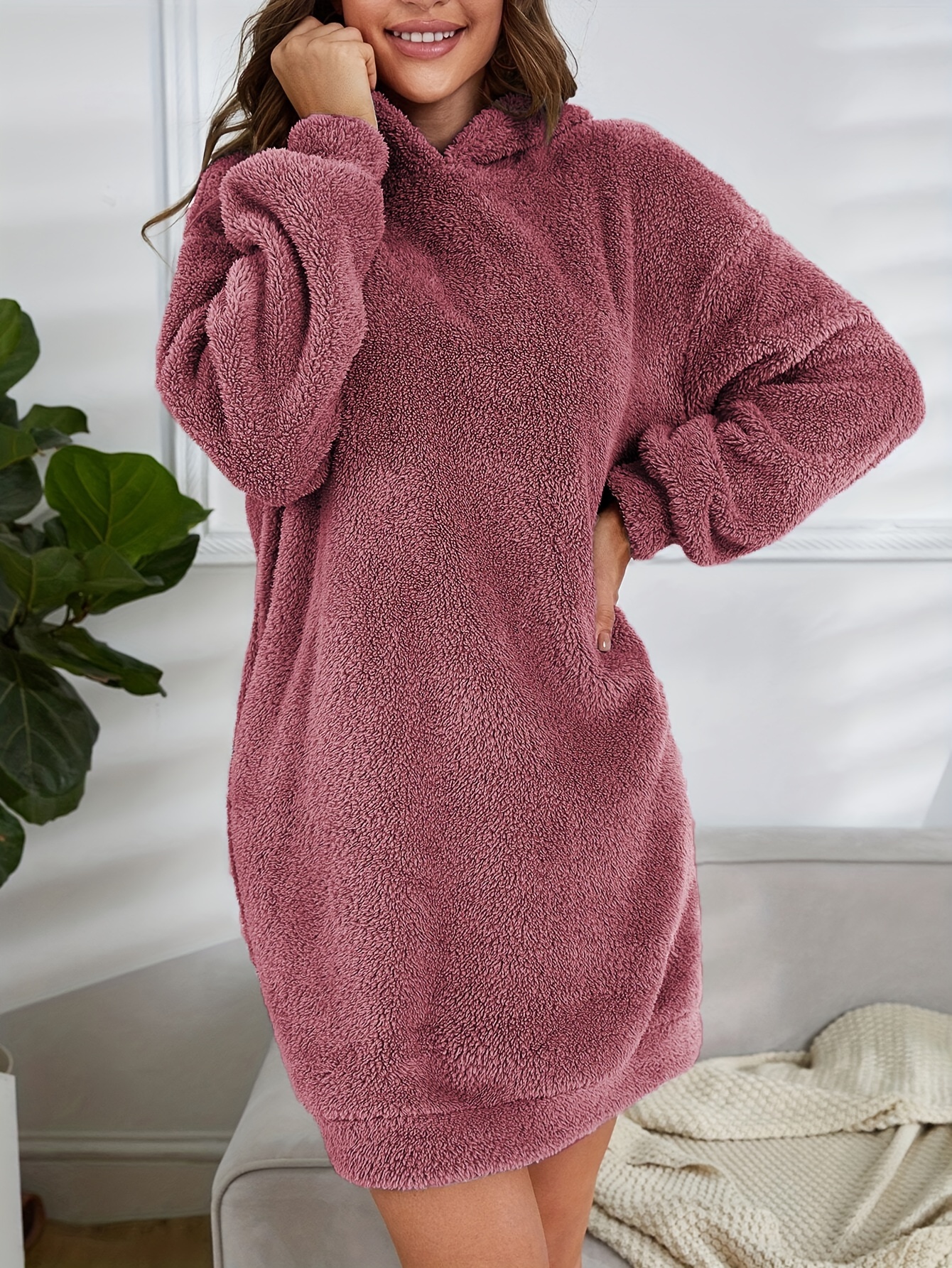 Hooded Teddy Dress Casual Long Sleeve Simple Warm Dress Temu