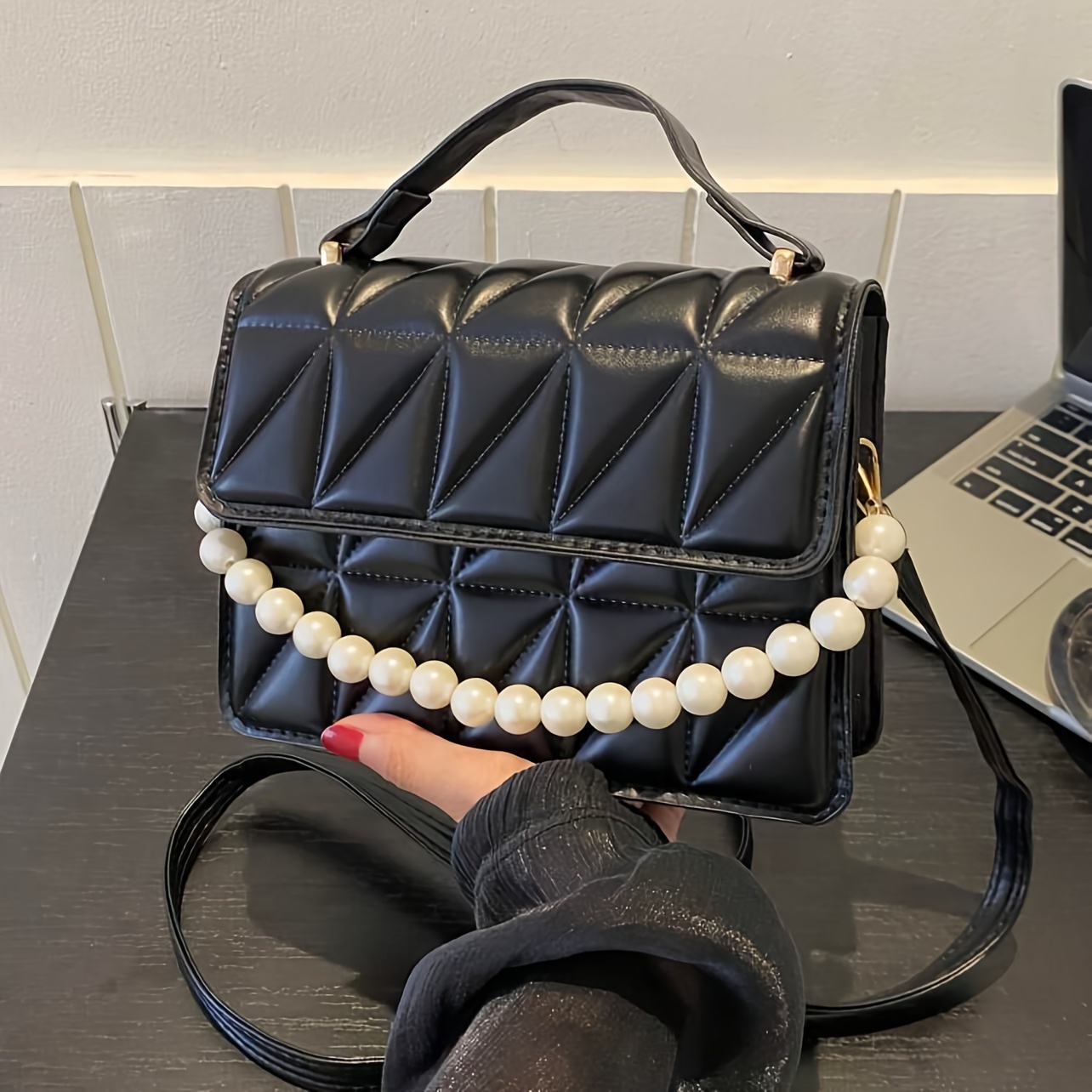 

Mini Argyle Crossbody Bag, Fashion Faux Pearl Handbag, Women's Elegant Shoulder Bag