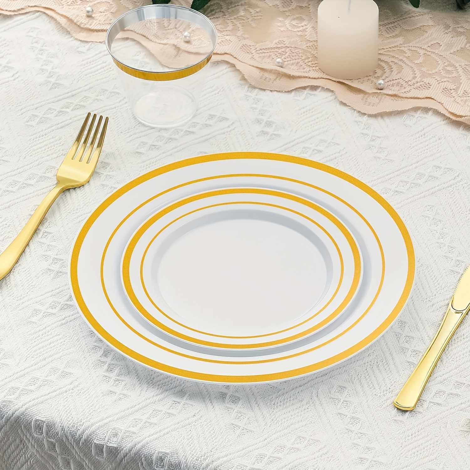  Munfix 100 platos de plástico para fiestas, con borde dorado  blanco, 50 platos llanos de alta calidad de 10.25 pulgadas y 50 platos  desechables de 7.5 pulgadas, elegantes platos de boda