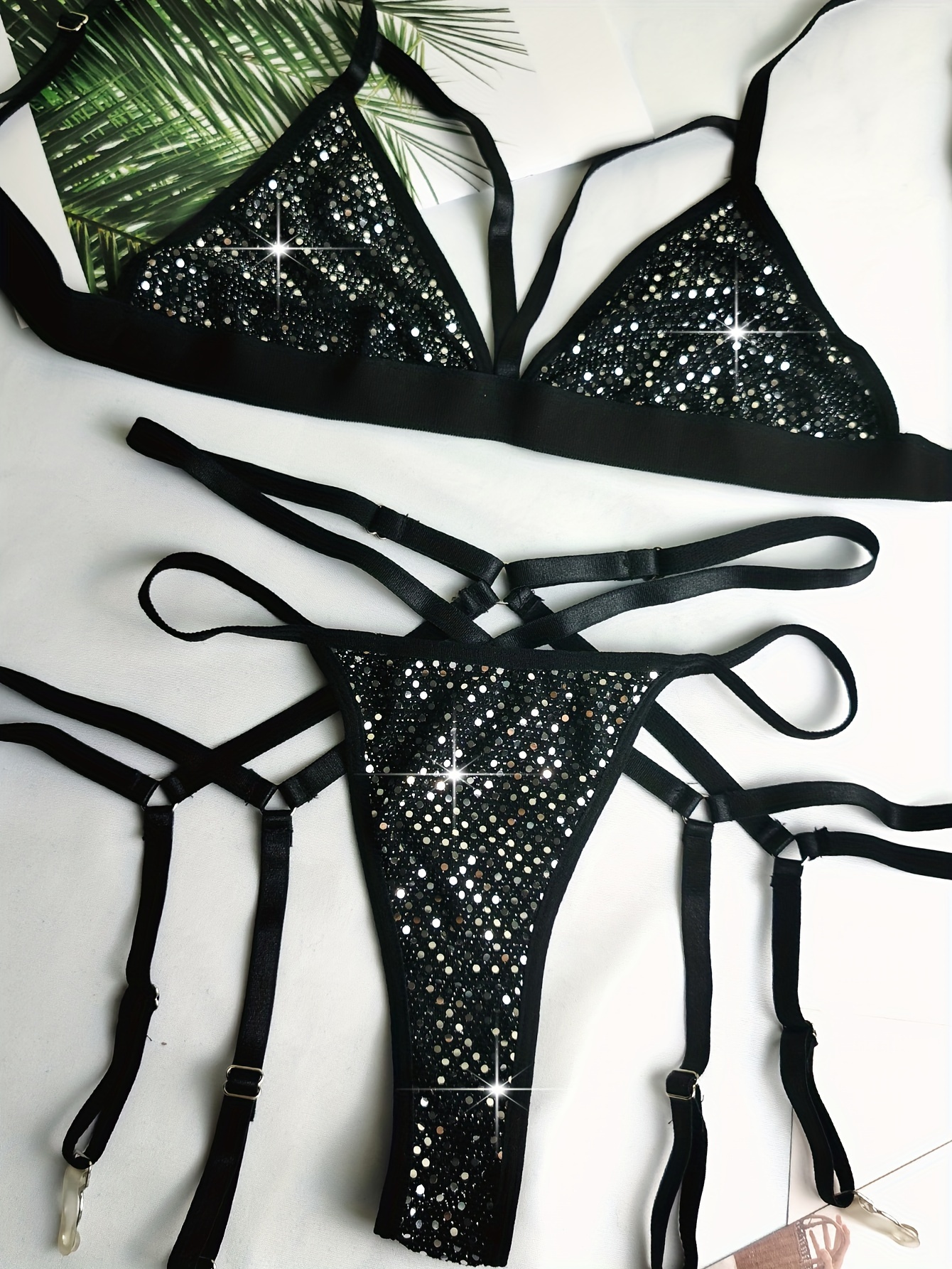 Contrast Sequin Ring Linked Lingerie Set With 1pair Oversleeves