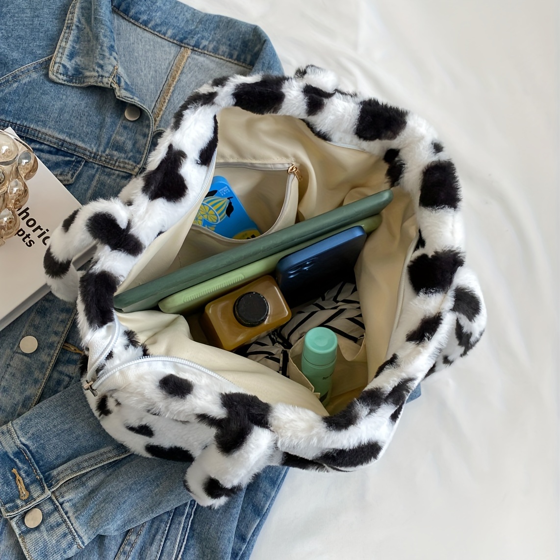 faux-fur denim tote