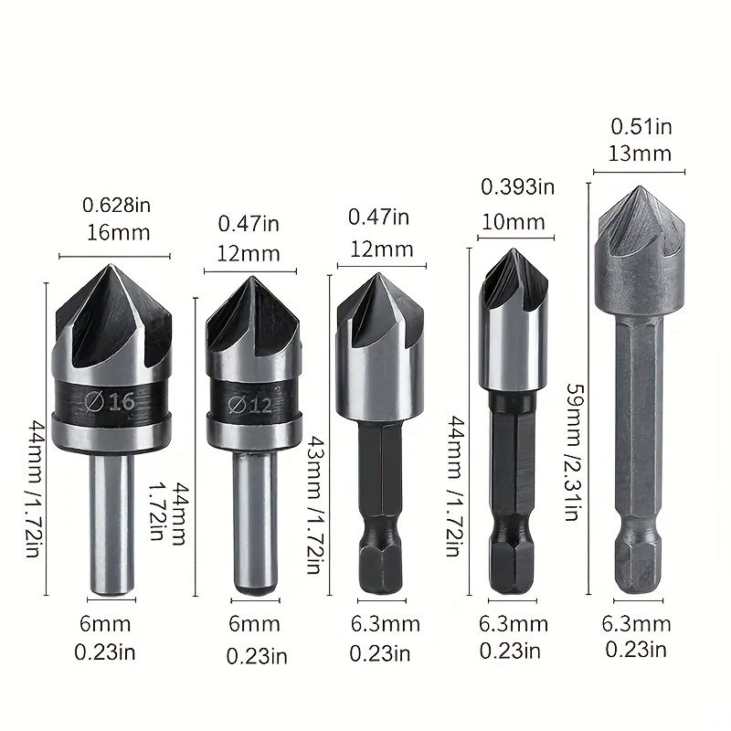 Juego de brocas avellanadoras industriales de 5 piezas, 5 flautas para  fregadero, brocas para carpintería, cortador de chaflán de trabajo de metal