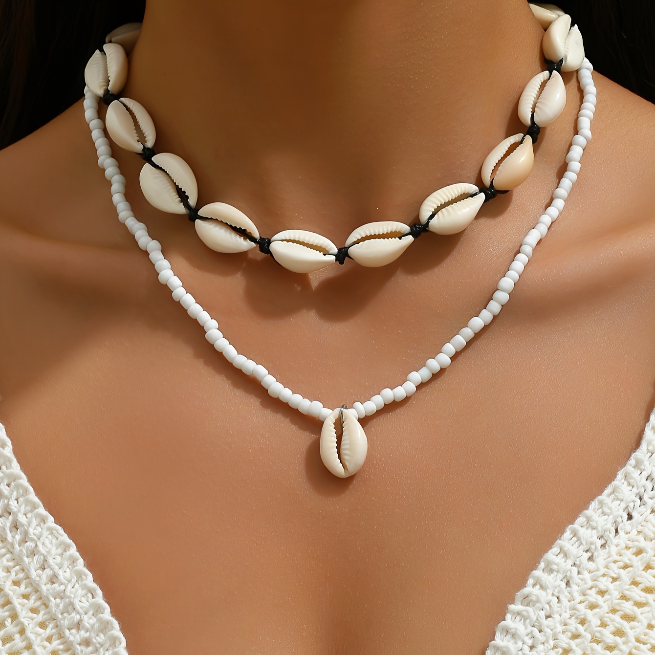 

Bohemian Handmade Beads Woven Shell Layered Necklace, Female Vacation Beach Accessory