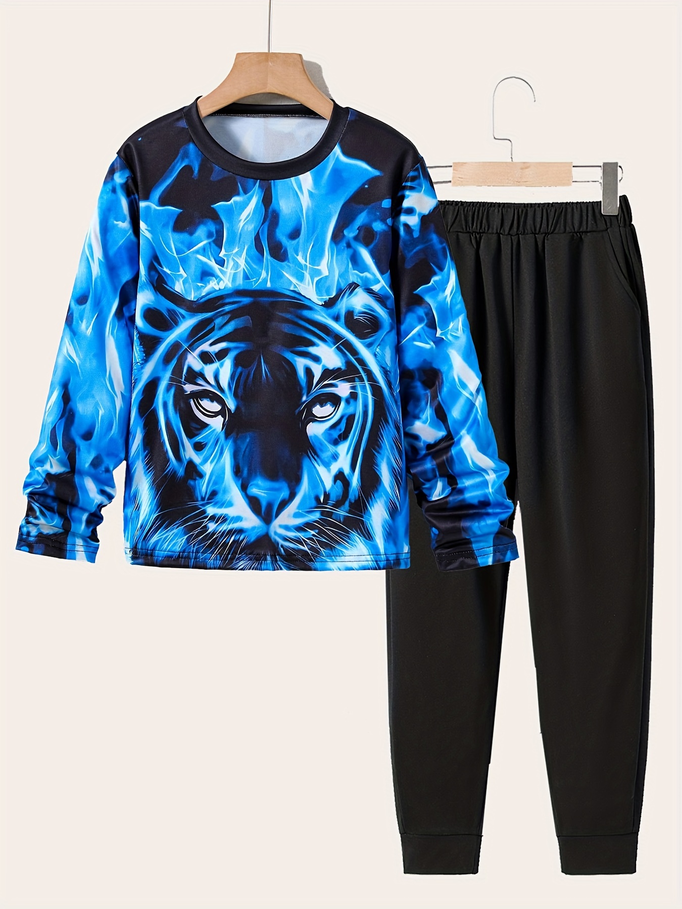 Boy's Blue Flame Pattern Outfit Hoodie Jogger Pants Set - Temu