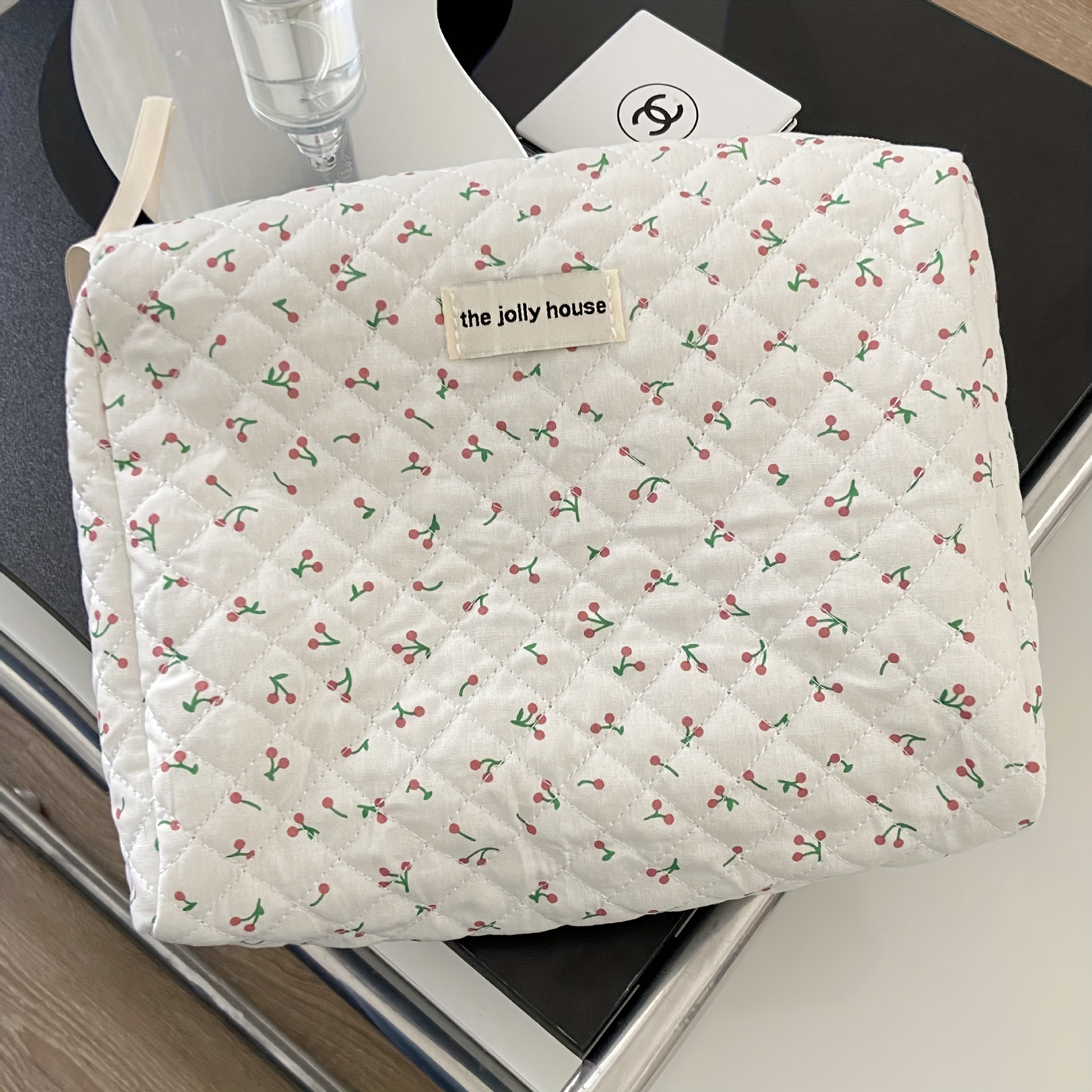 1Pc Cotton Makeup Bag Large Travel Cosmetic Pouch Toiletry Bag Cute Cherry  Pattern Makeup Bag White