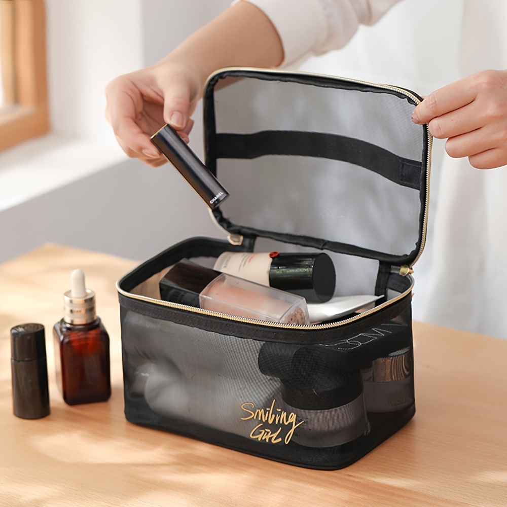 Organize Your Toiletries In Style With This Black Mesh Makeup Bag! - Temu