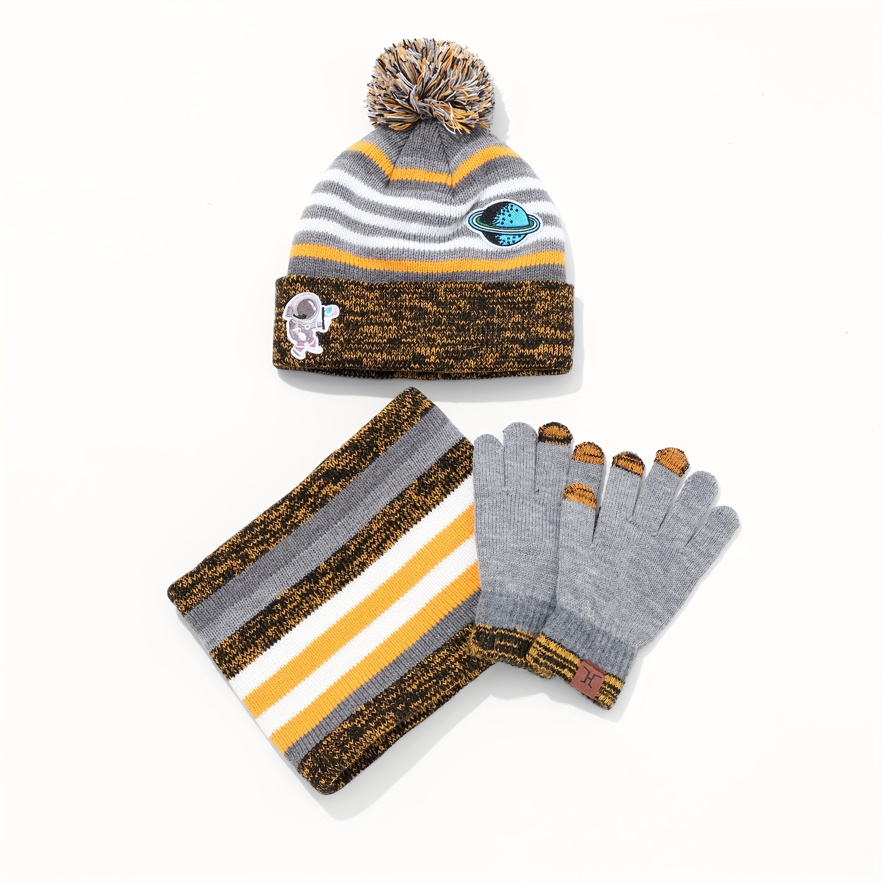 2pcs+1pair/set Boys Knitted Hat Beanie, Scarf, and Gloves, Warm Winter Set,Temu