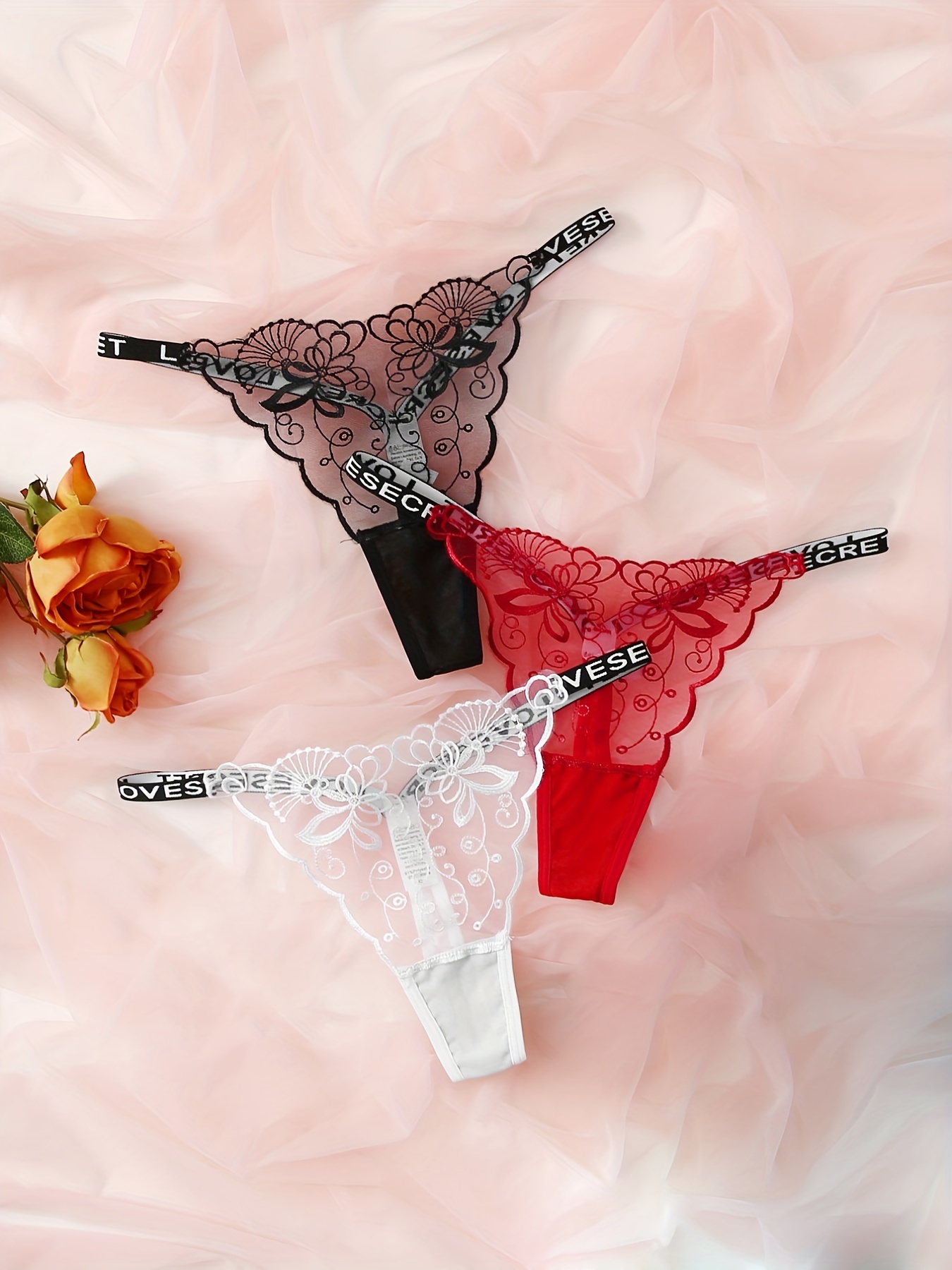 3pcs Floral Lace Mesh Thongs, Sheer Letter Tape Intimates Panties, Women's  Lingerie & Underwear