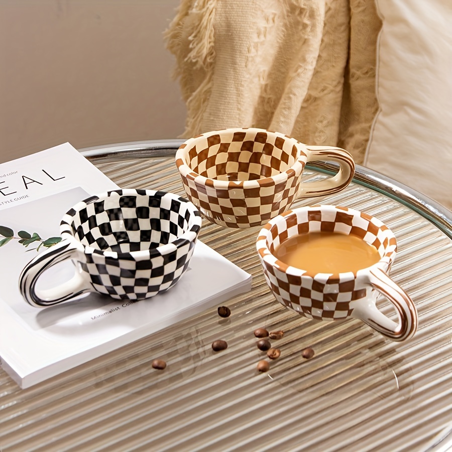 Ceramic Coffee Mug With Saucer And Spoon, Plaid Pattern Coffee