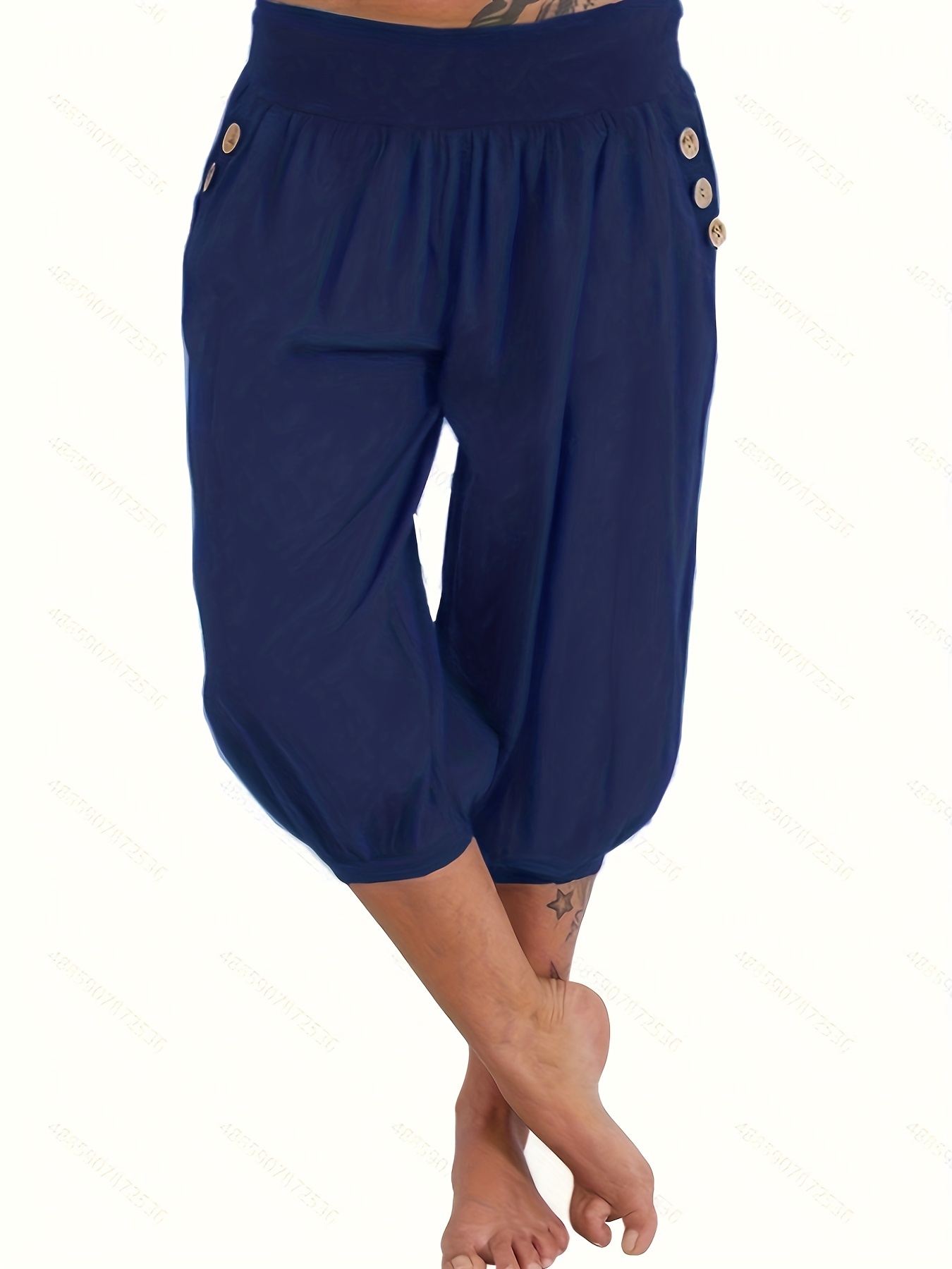 Plus Size Casual Capri Pants Women's Plus Solid Button Decor - Temu