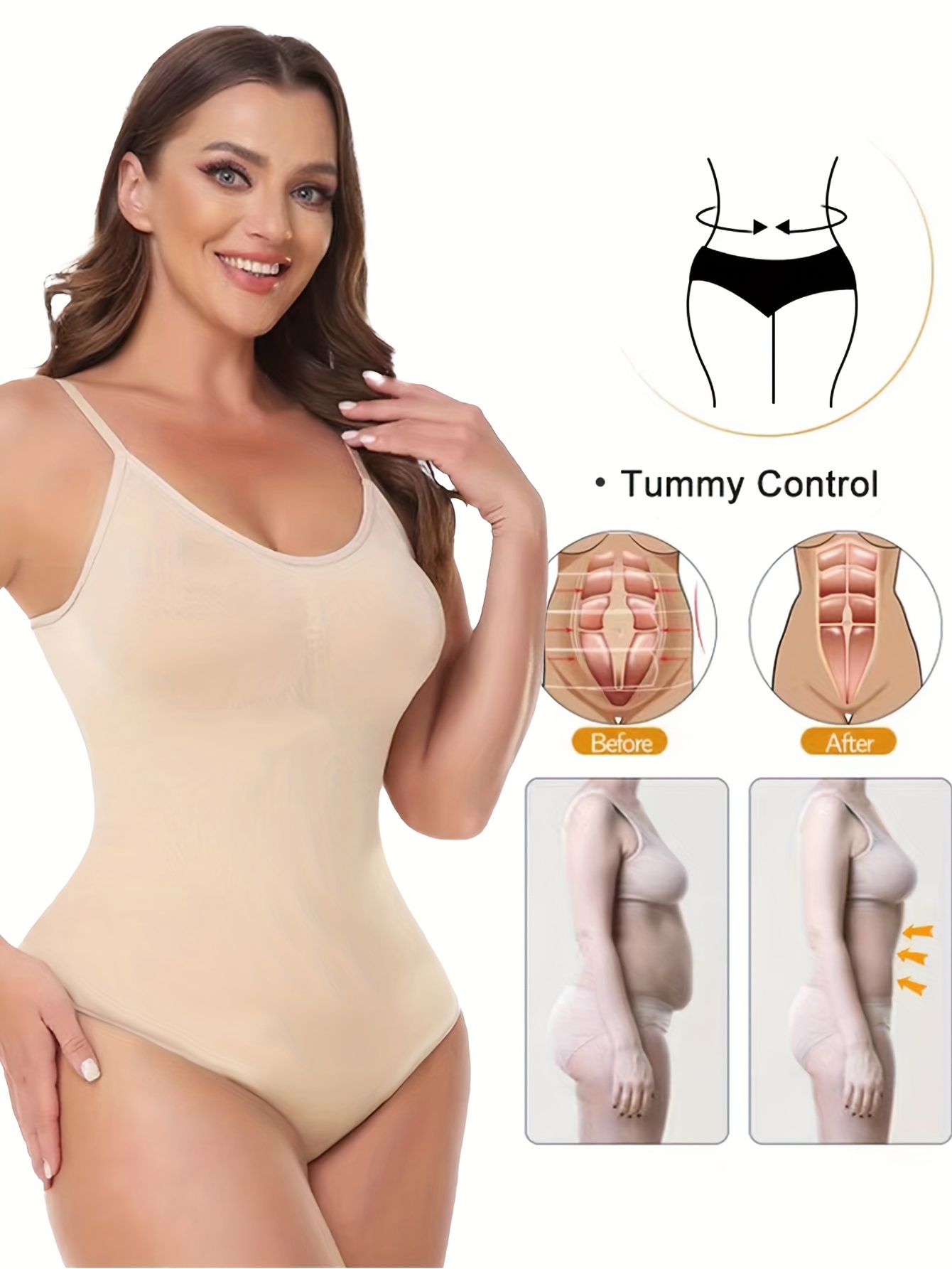 2pcs Plain Backless High Cut Tummy Control Shapewear Bodysuit, Scoop Neck  Spaghetti Strap Cheeky Slimmer Body Shaper, Women's Underwear & Shapewear