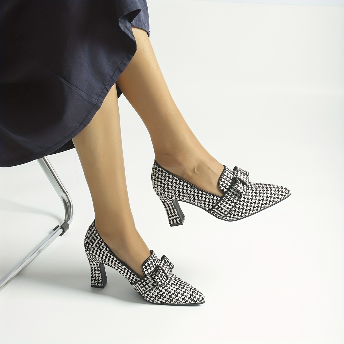 Women's Houndstooth Pumps Bowknot Slip On Chunky Heels