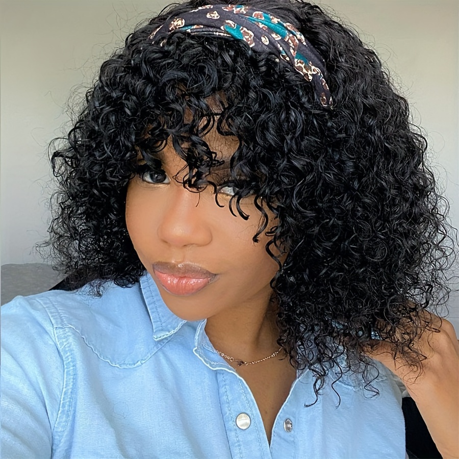 Machine Made Glueless Wigs Deep Curly Fringe Bob