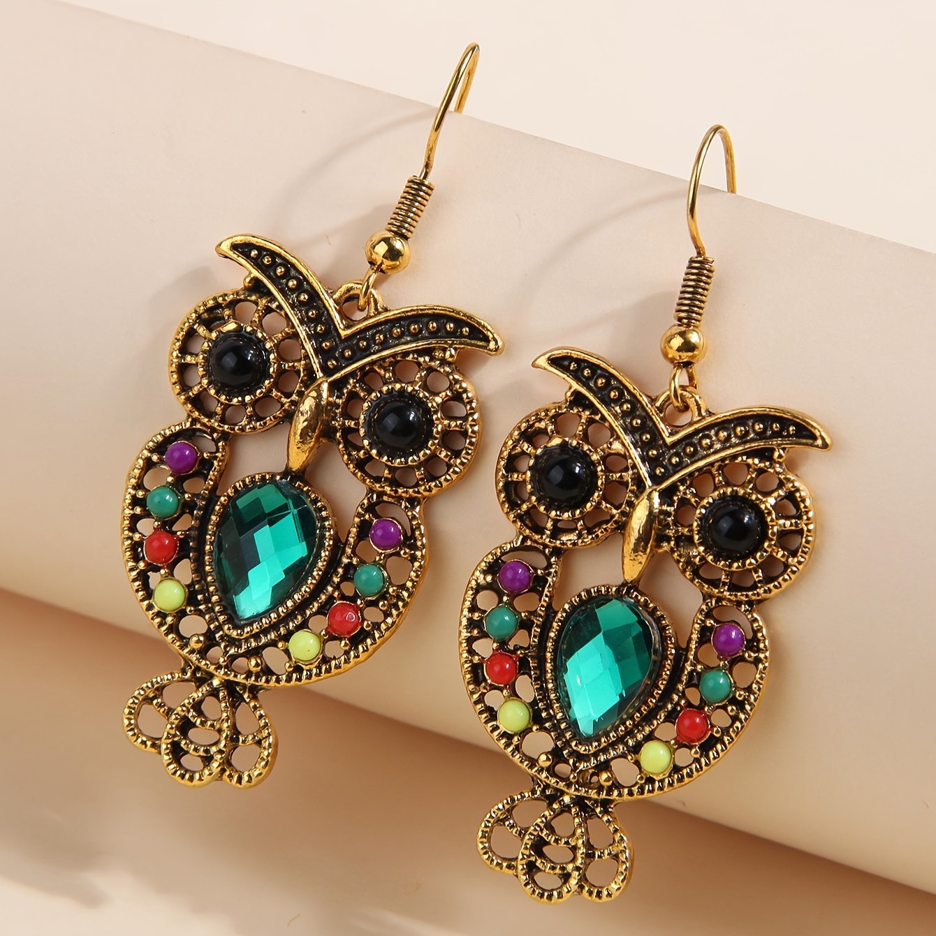 

Exquisite Wooden Owl Design Colorful Beads Rhinestone Inlaid Dangle Earrings Boho Retro Style Tourism Souvenir