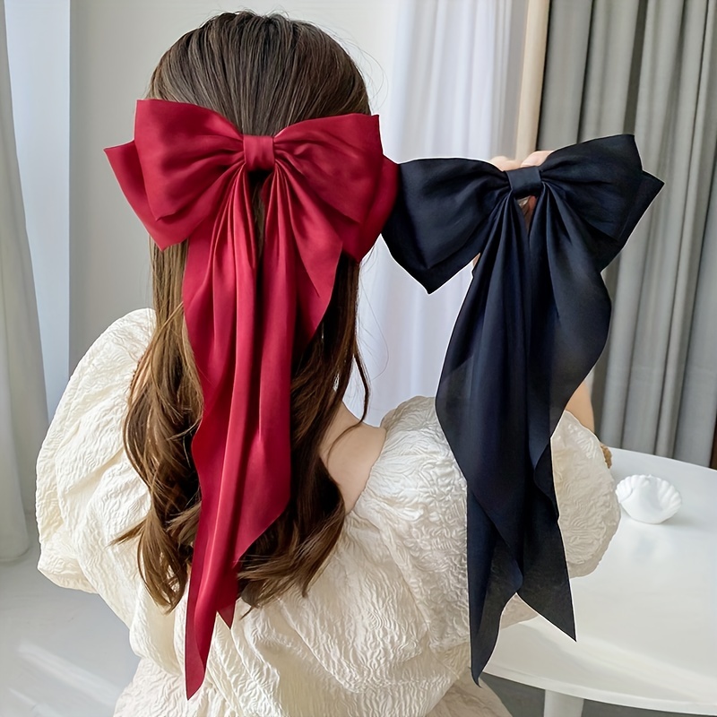 Temu 1Pcs Large Satin Bow Hairpin Solid Color Satin Hair Clip, Hair Pin, Hair Barrette Barrette Party Wedding Long Ribbon Hair, Christmas Gifts