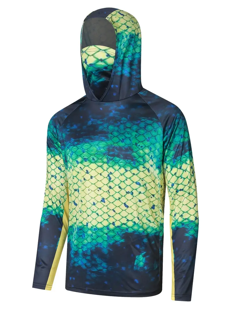 Men's UPF 50+ Sun Protection Hooded Shirt with Mask, Active Fish Scale Print Quick Dry Slightly Stretch Long Sleeve Rash Guard for Fishing Hiking