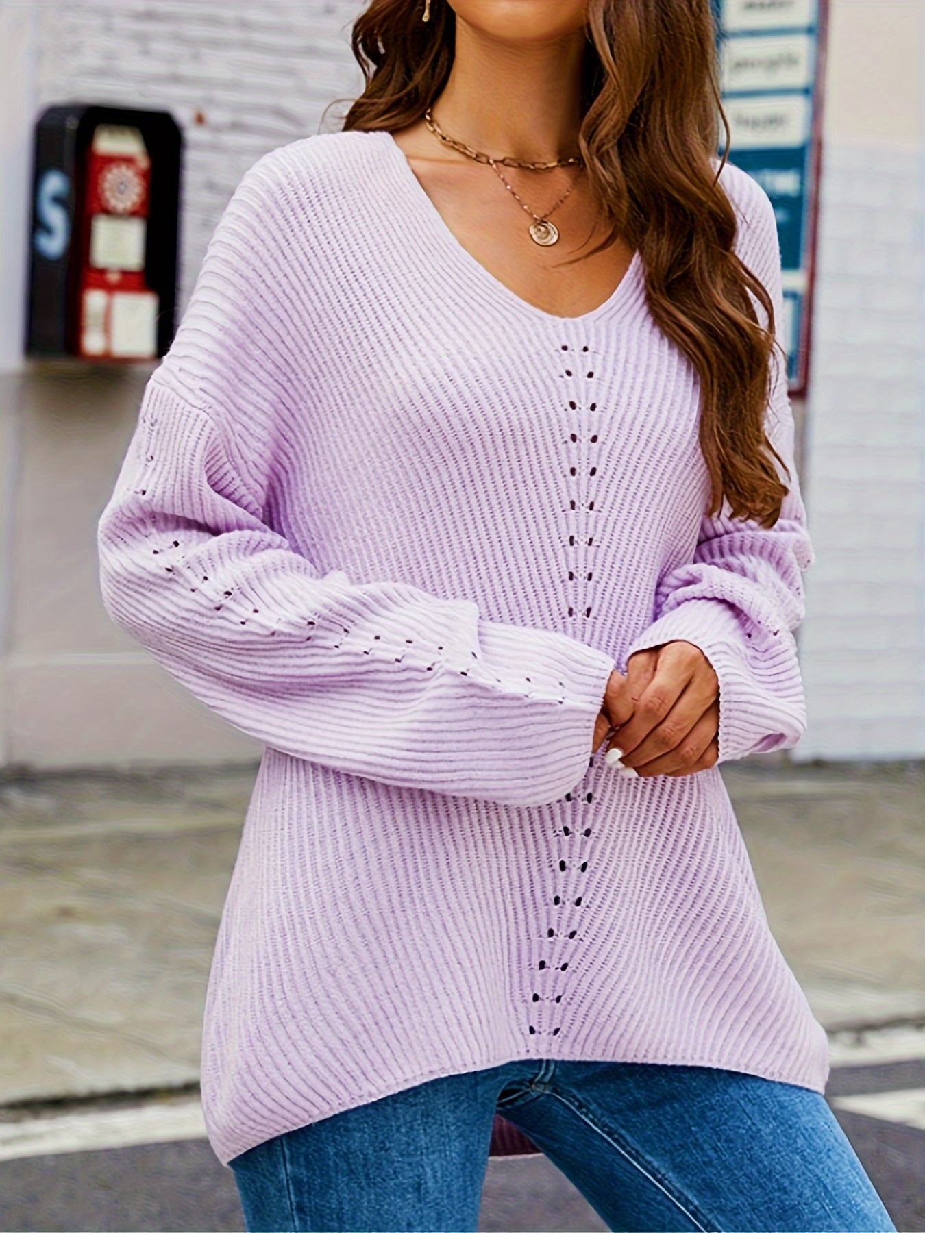 Plus Size Casual Sweater Women's Plus Solid Hollow Long - Temu