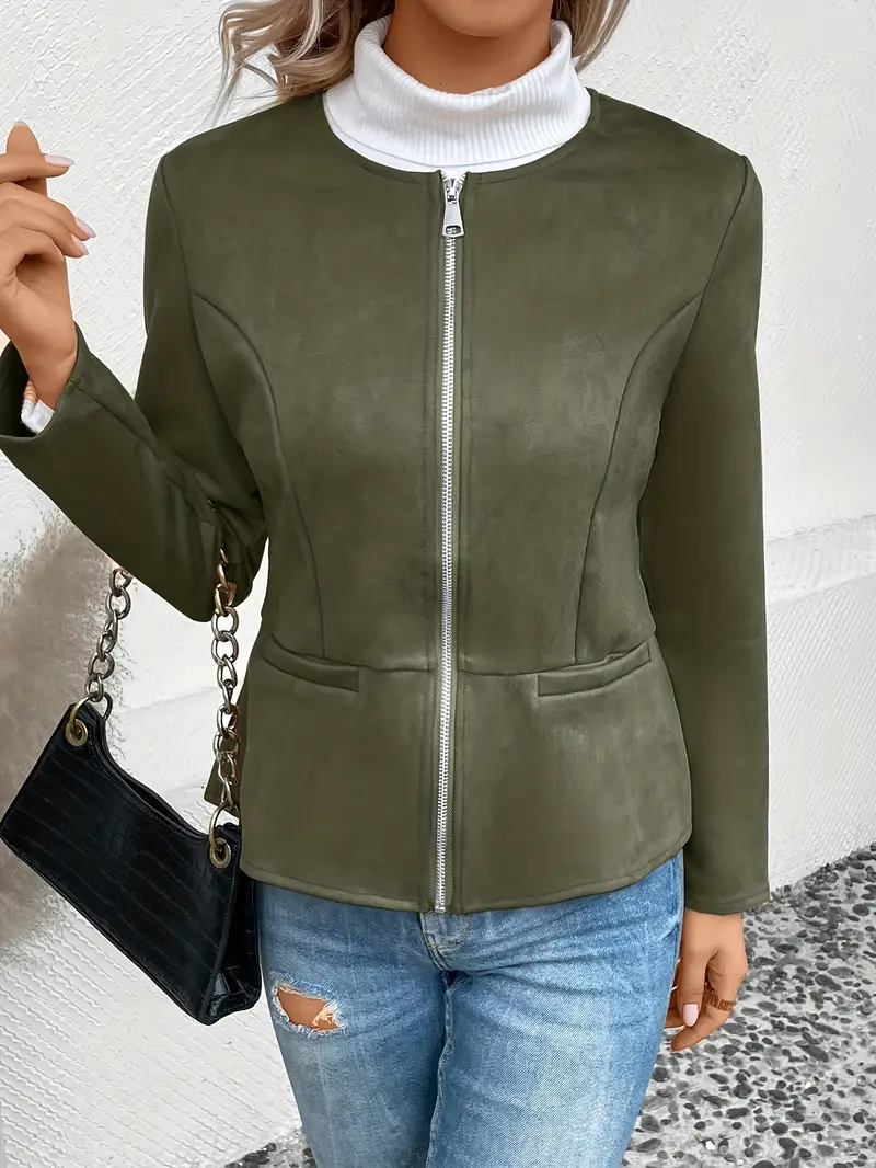 plus size elegant jacket womens plus solid long sleeve zip up round neck jacket details 55