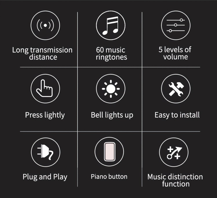 Timbre sin varillas para el Hogar, Alcance de hasta 1000 Pies – 60 Melodías Seleccionables – 5 Niveles Ajustables de Volumen, 110dB Modo Silencioso con Flash LED para Puertas y Ventanas, Enchufe US, Timbres para Casa, Campanilla Sin Cable para Salón Clase, Notificación inalámbrica, Sonería Moderna Diseño Elegante Transmisión Fiable Construcción Duradera Chime sin cuerdas Para Arrendatarios Propietarios