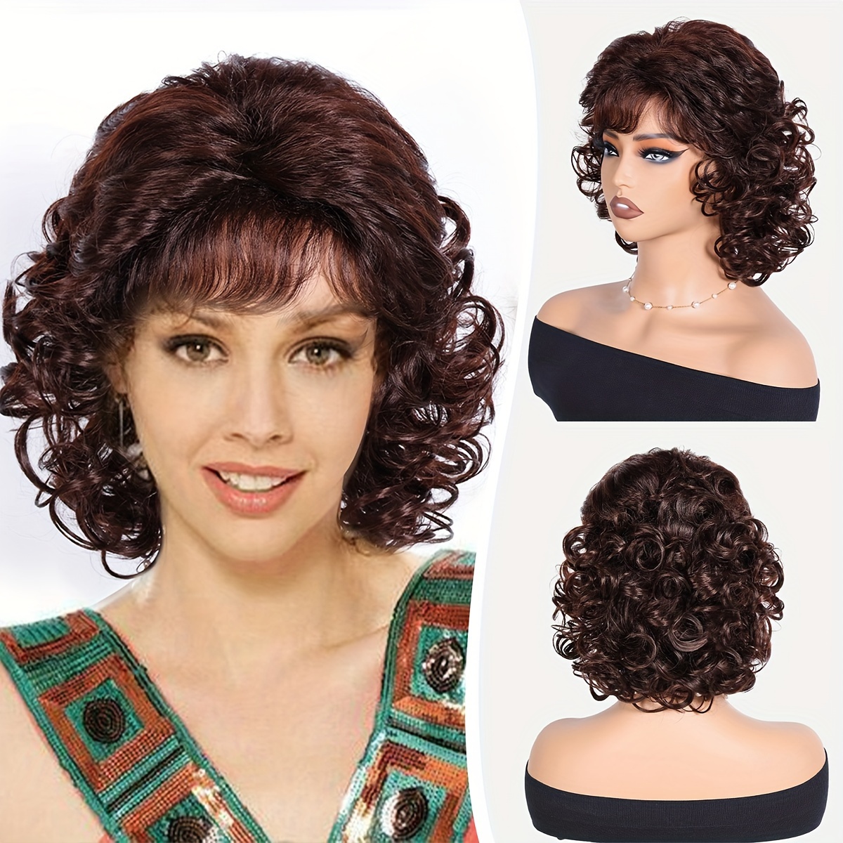 10 Inch Short Curly Wig With Side Bangs Curly Wave Hair Synthetic Wig For Women Daily Wear