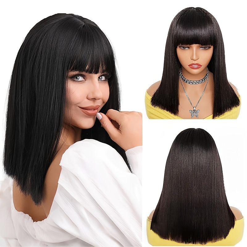 180% Density Straight Lace Human Hair Bob Wig Bangs Natural - Temu